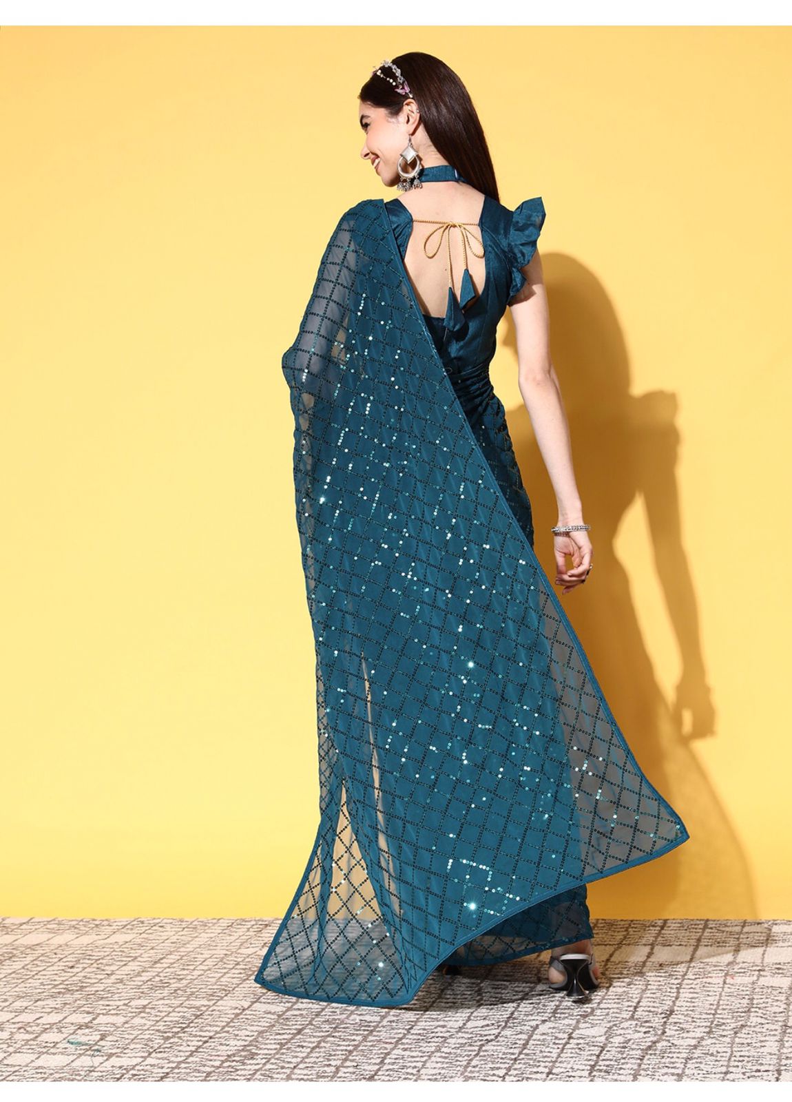 Blue beautiful diamond chokdi seqwance saree For Women