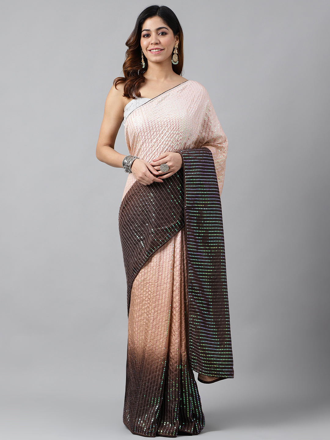 Beautiful Sequance Embroidery Brown Saree For Women