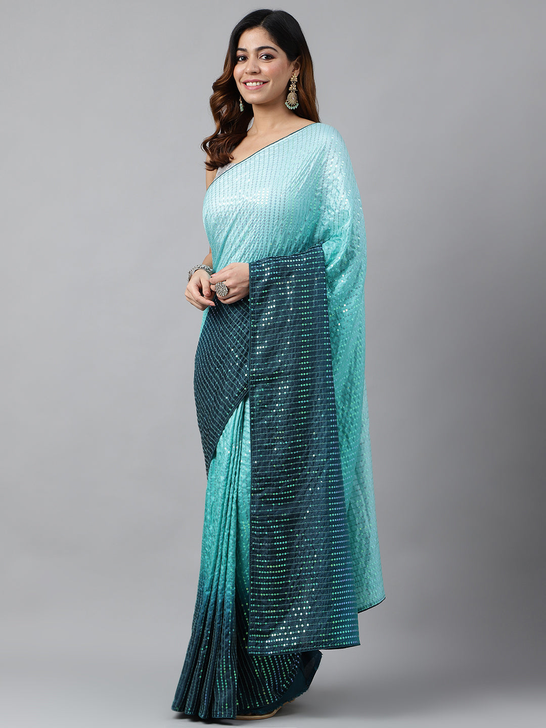 Beautiful Sequance Embroidery Teal Blue Saree For Women