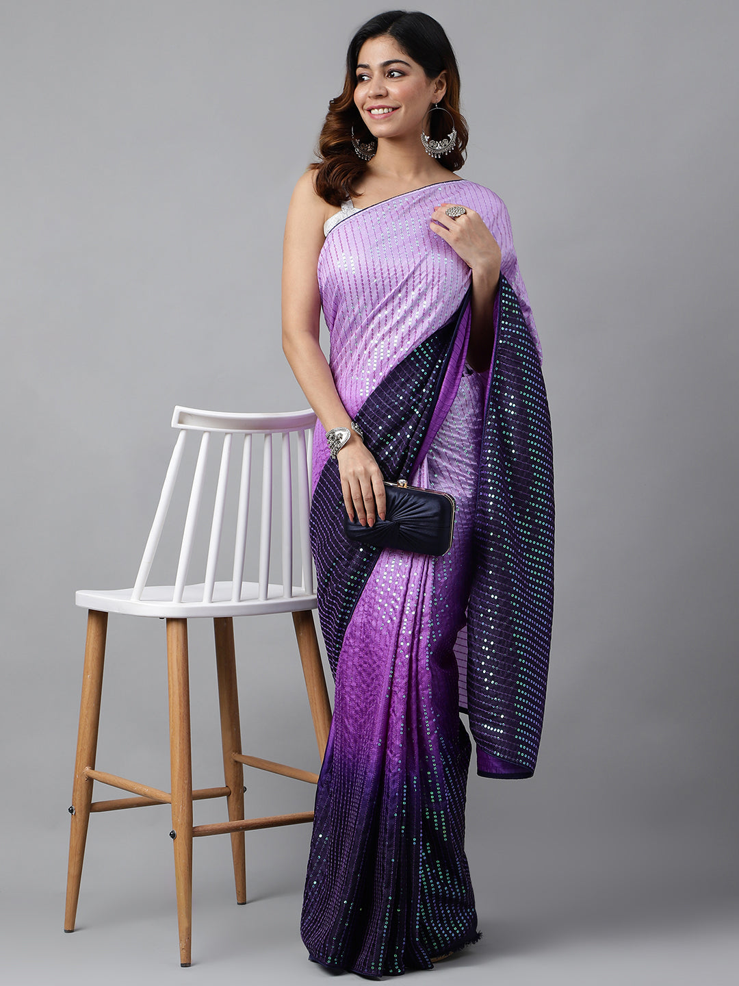 Beautiful Sequance Embroidery Purple Saree For Women