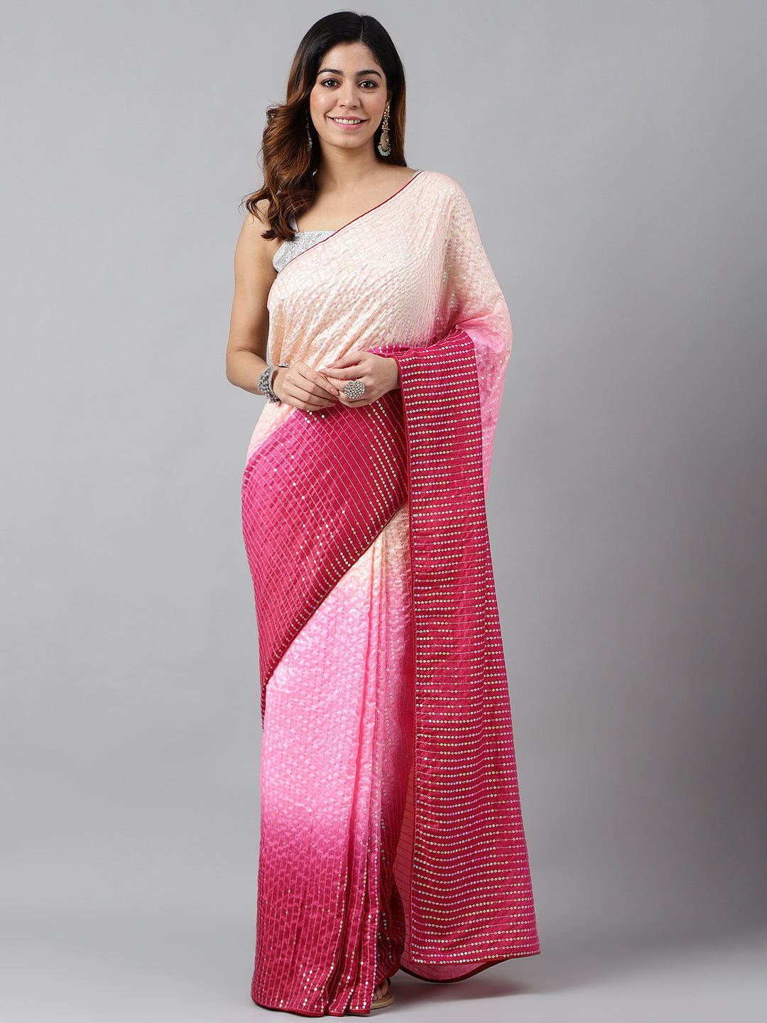 Beautiful Sequance Embroidery Pink Saree For Women