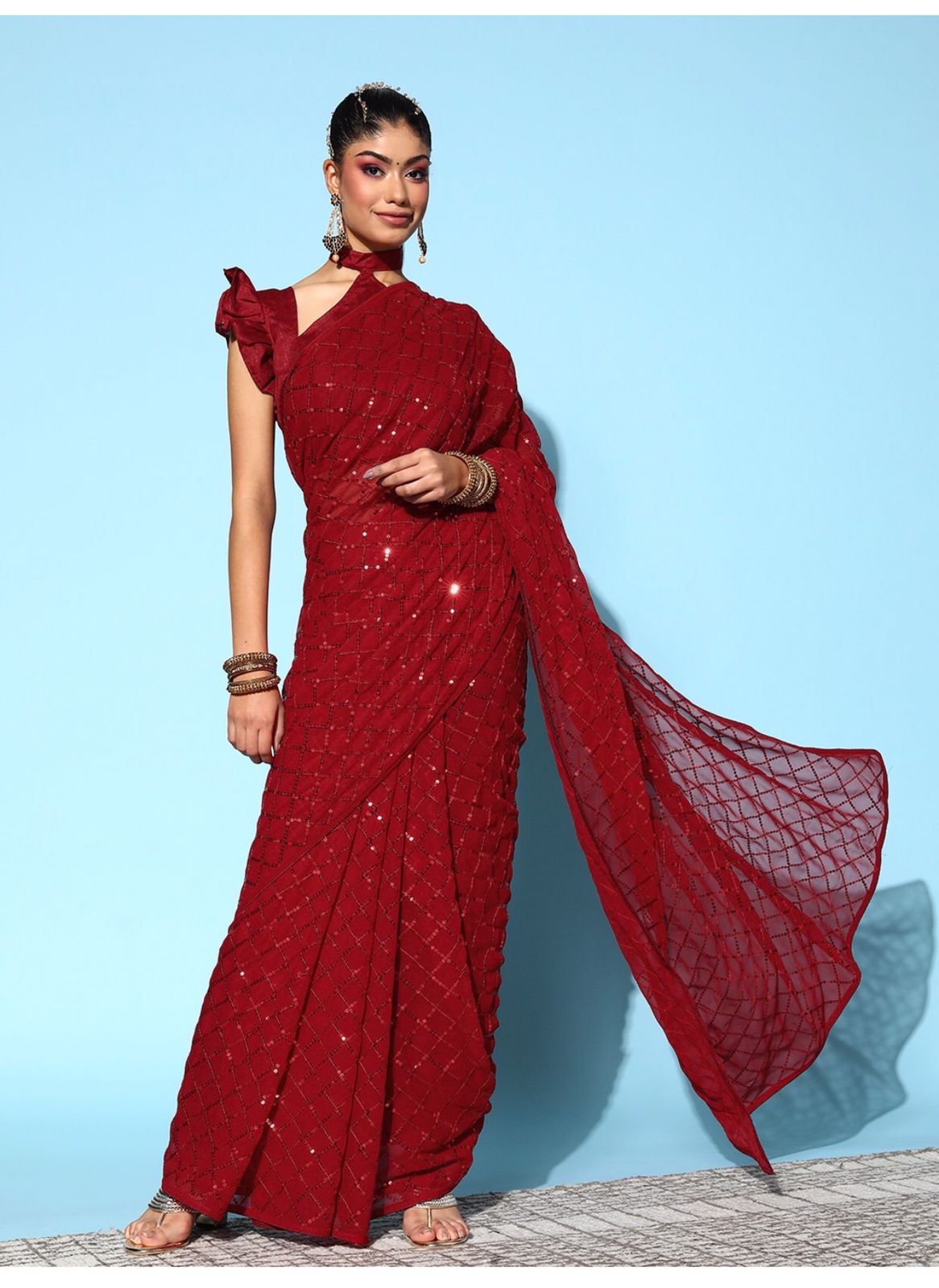 Red beautiful diamond chokdi seqwance saree For Women