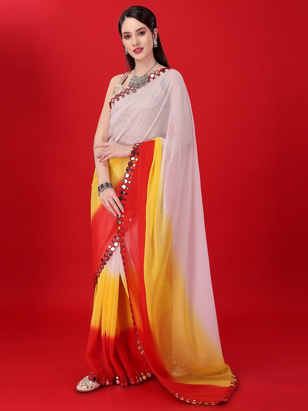 Beautiful Red Leriya Print Work with Double Mirror Work Lace Border Saree For Women