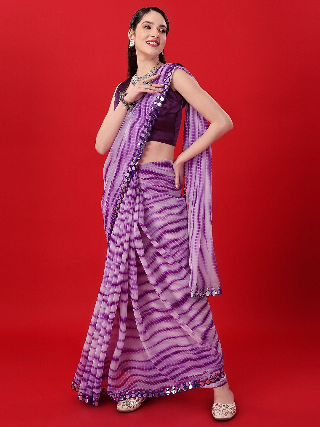 Beautiful Purple Sibori Print Work with Double Mirror Work Lace Border Saree For Women