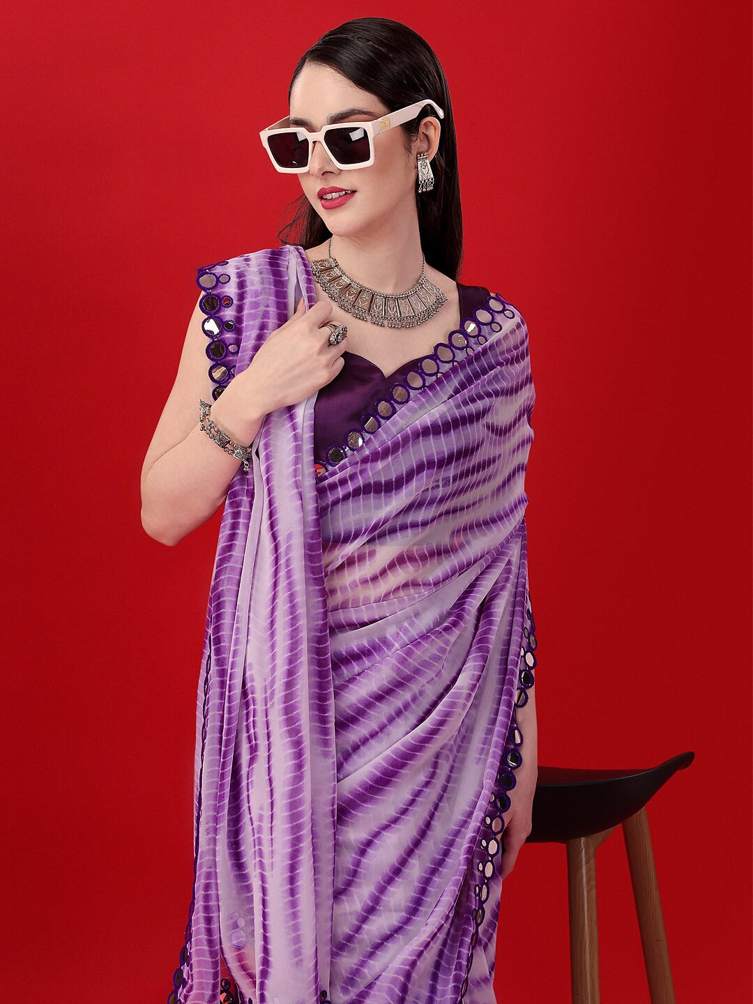 Beautiful Purple Sibori Print Work with Double Mirror Work Lace Border Saree For Women