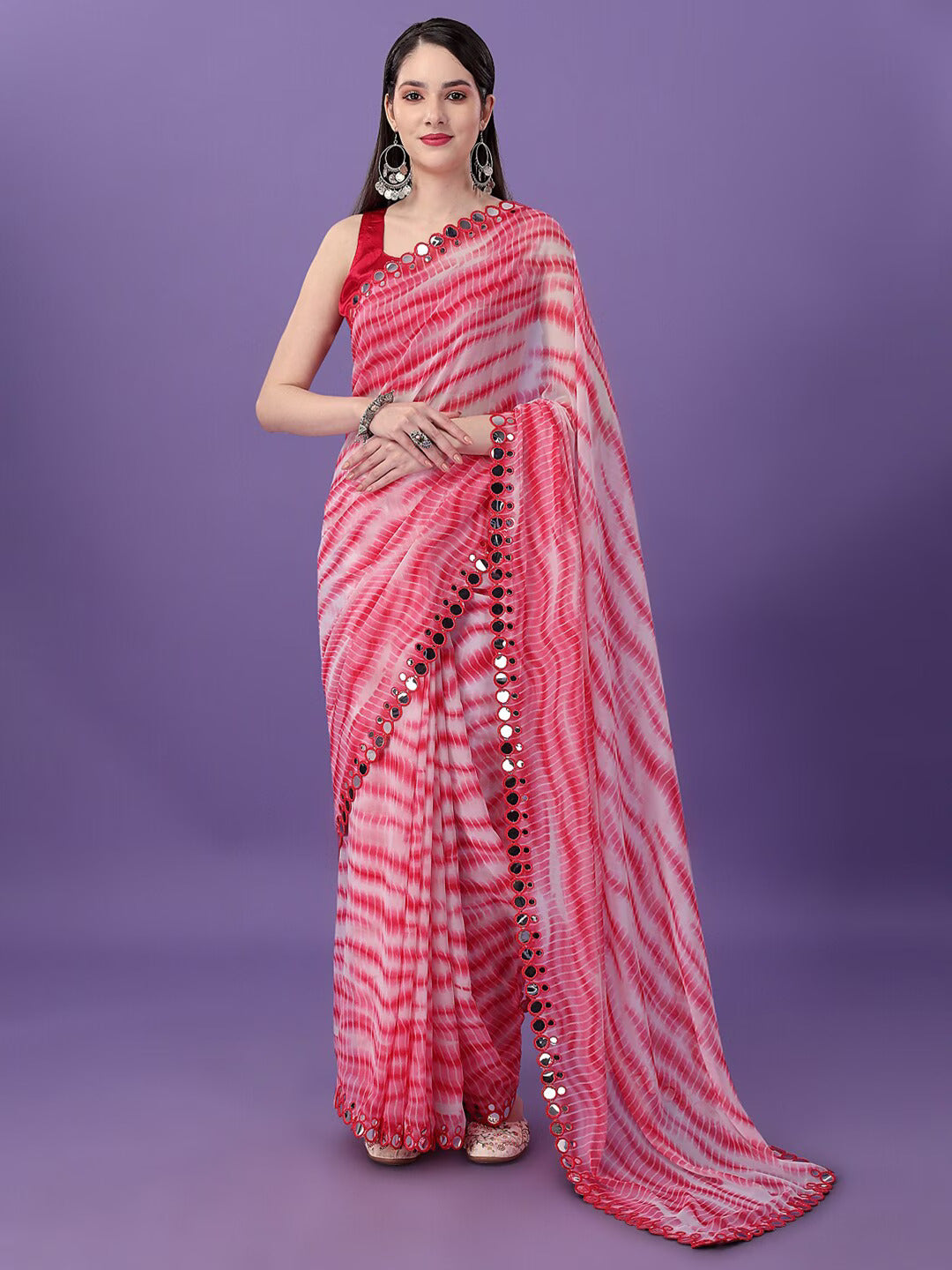 Beautiful Red Sibori Print Work with Double Mirror Work Lace Border Saree For Women