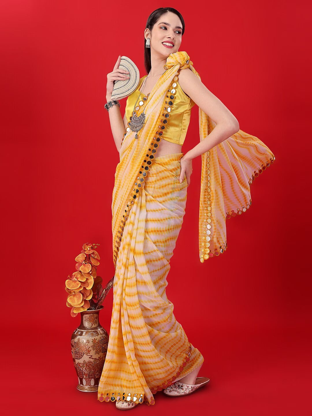 Beautiful Yellow Sibori Print Work with Double Mirror Work Lace Border Saree For Women