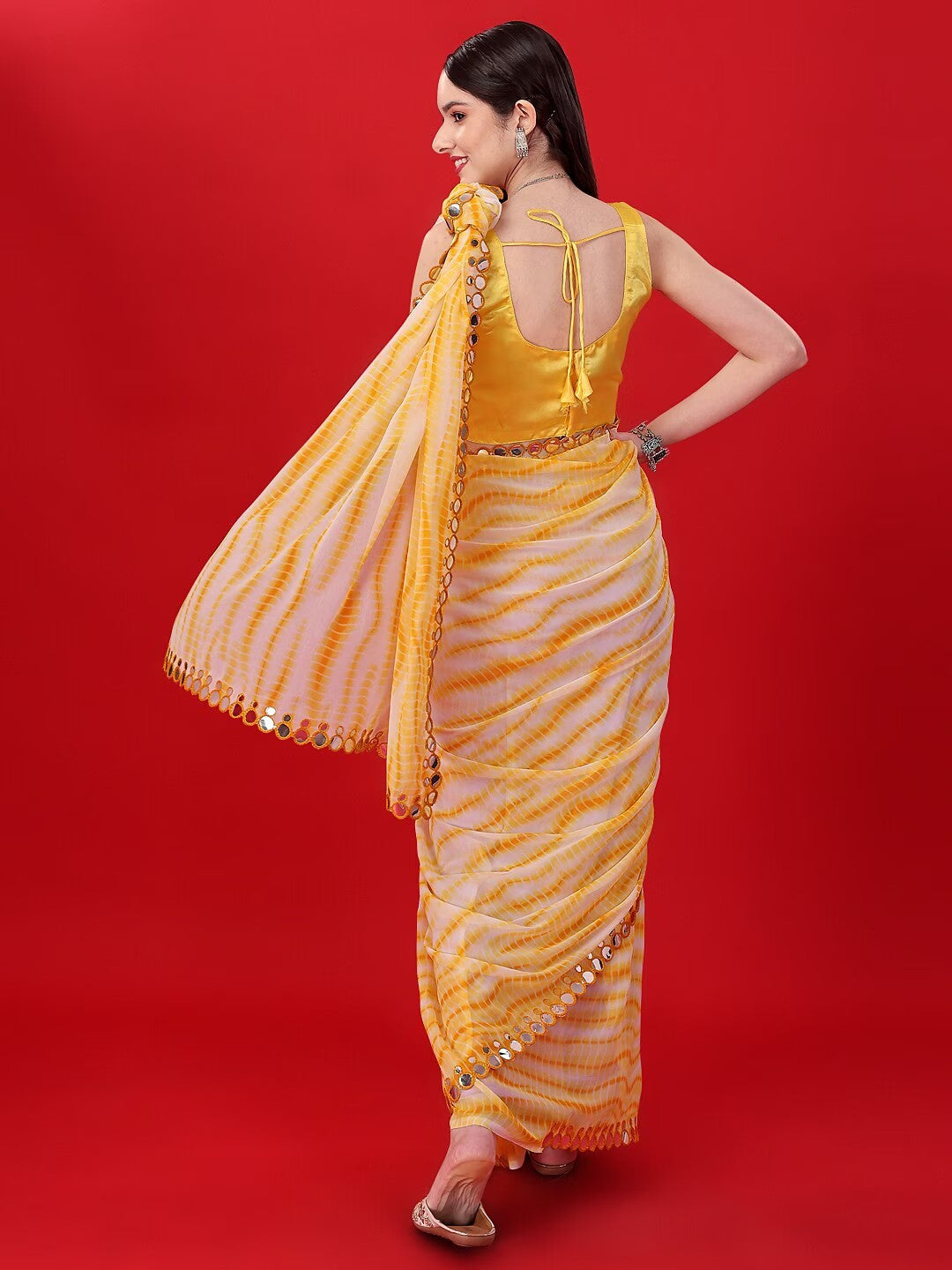 Beautiful Yellow Sibori Print Work with Double Mirror Work Lace Border Saree For Women