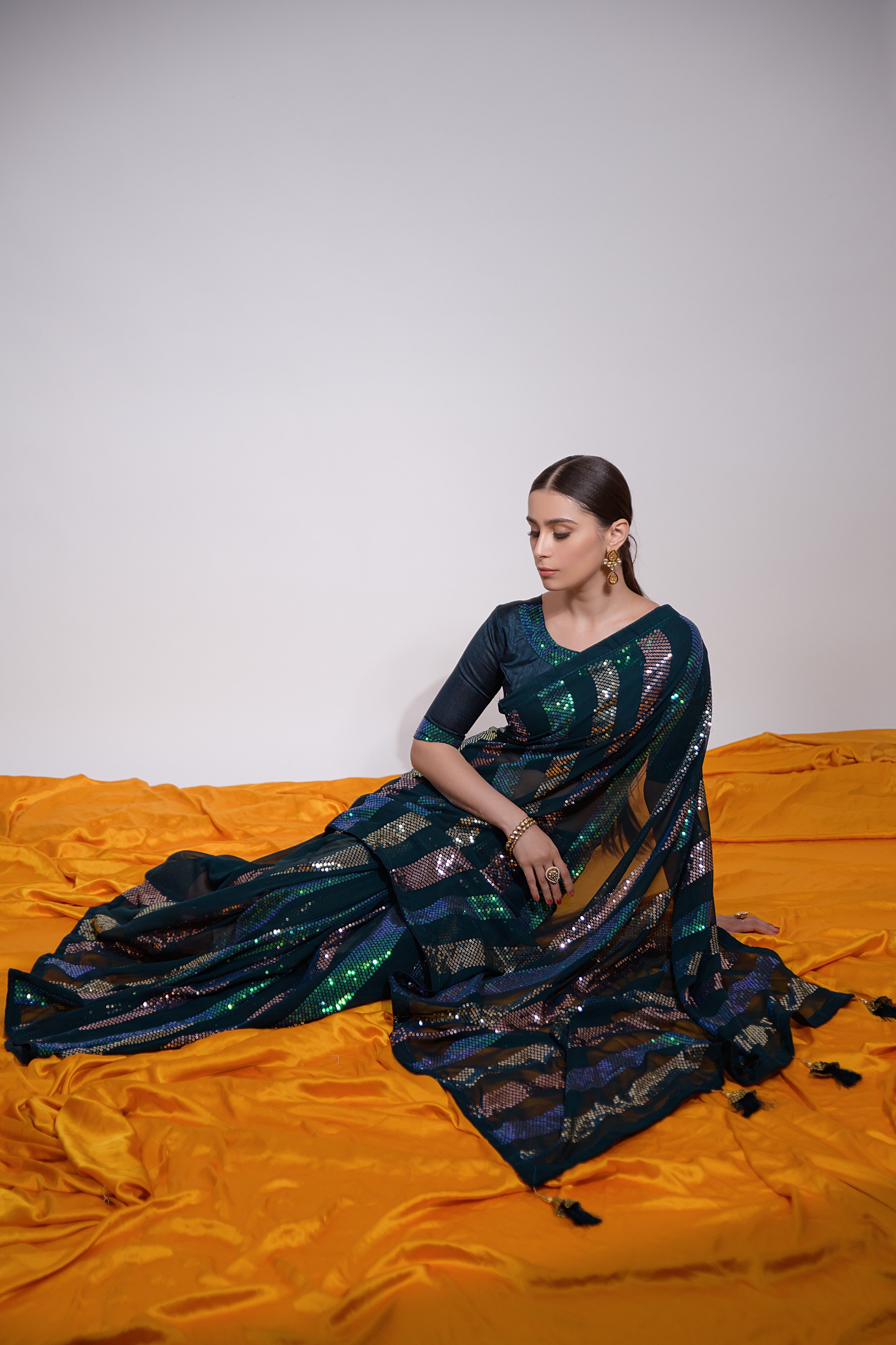 Beautiful Georgette Sequence Patta Teal Blue Solid Saree For Women