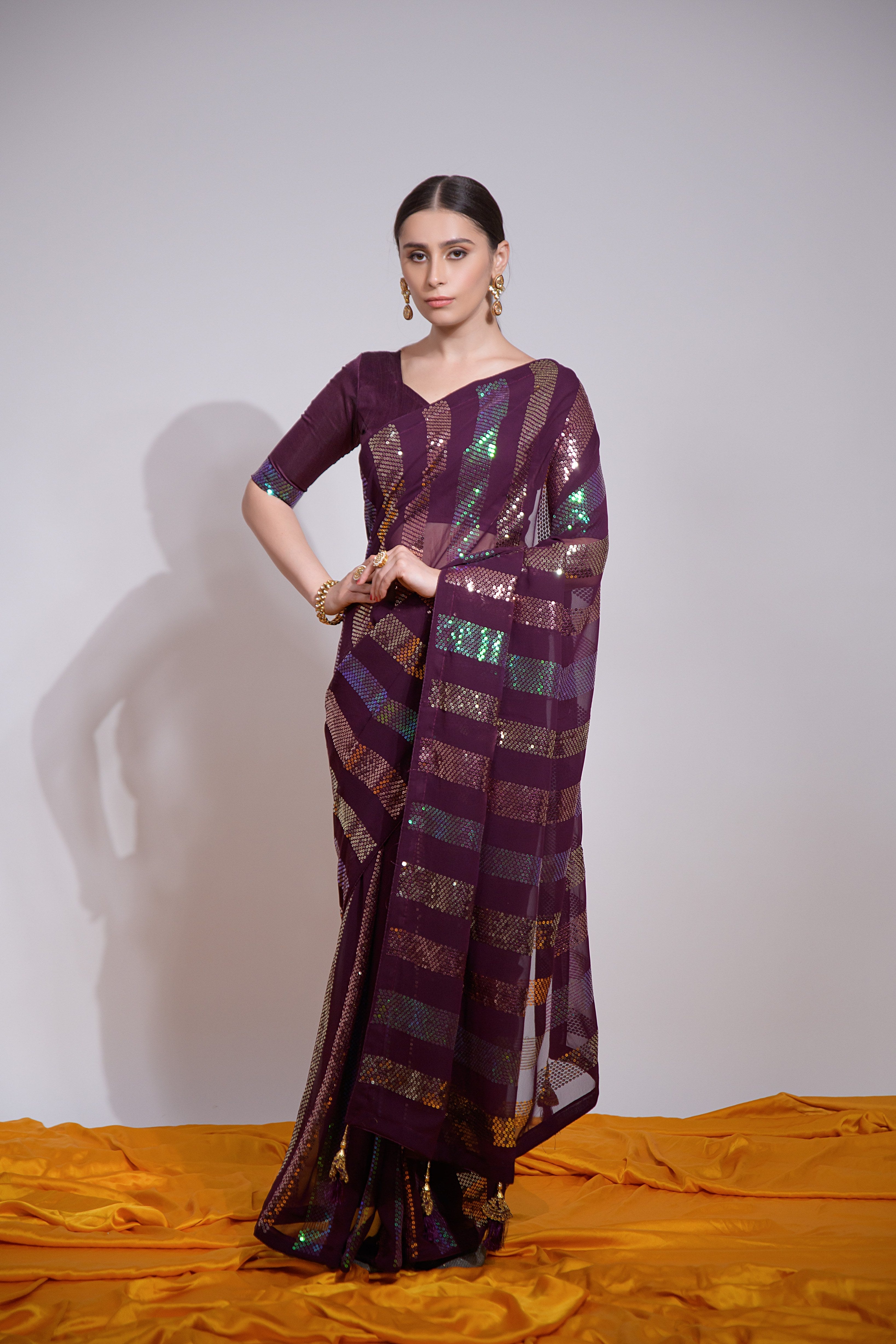 Beautiful Georgette Sequence Patta Wine Solid Saree For Women