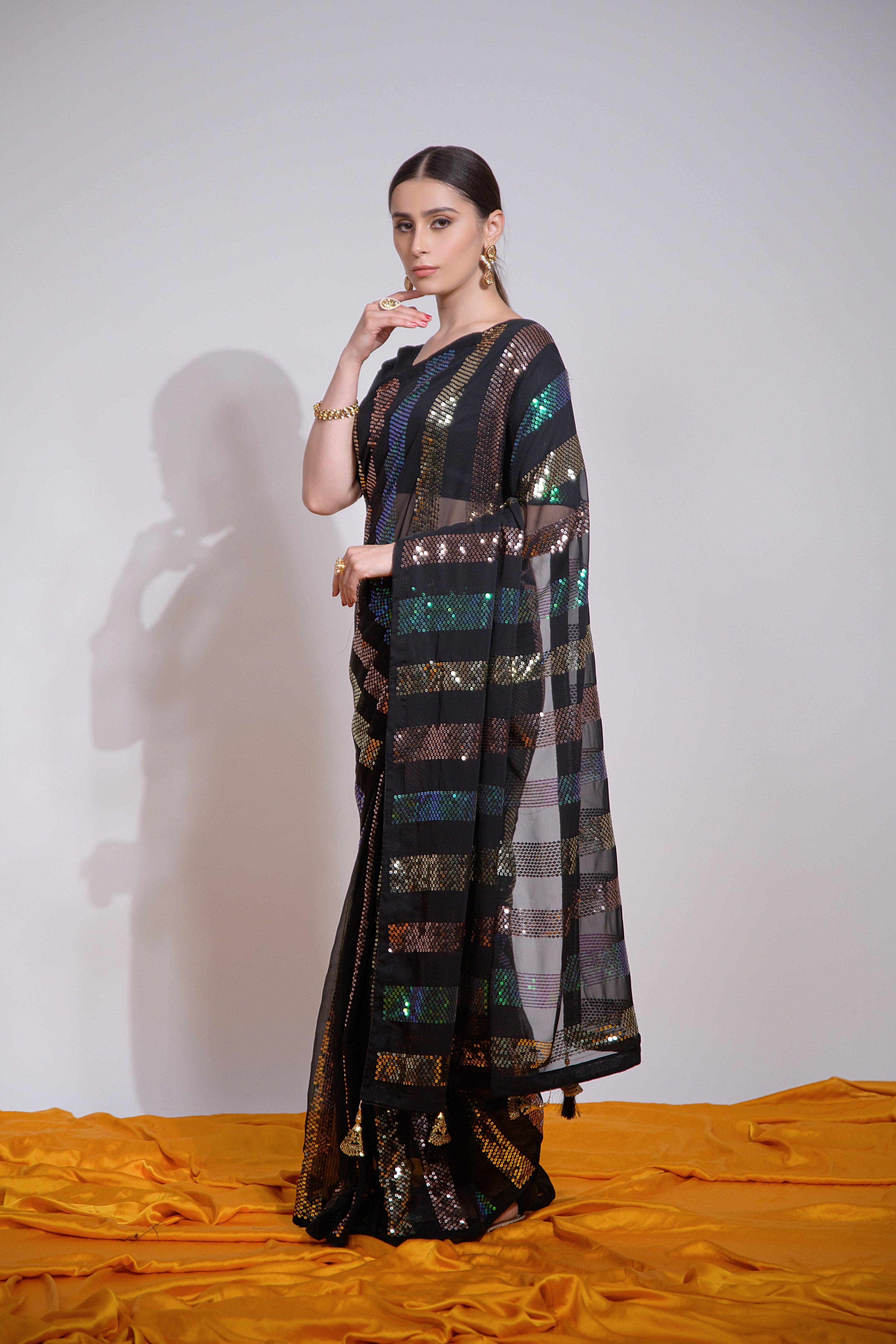 Beautiful Georgette Sequence Patta Black Solid Saree For Women