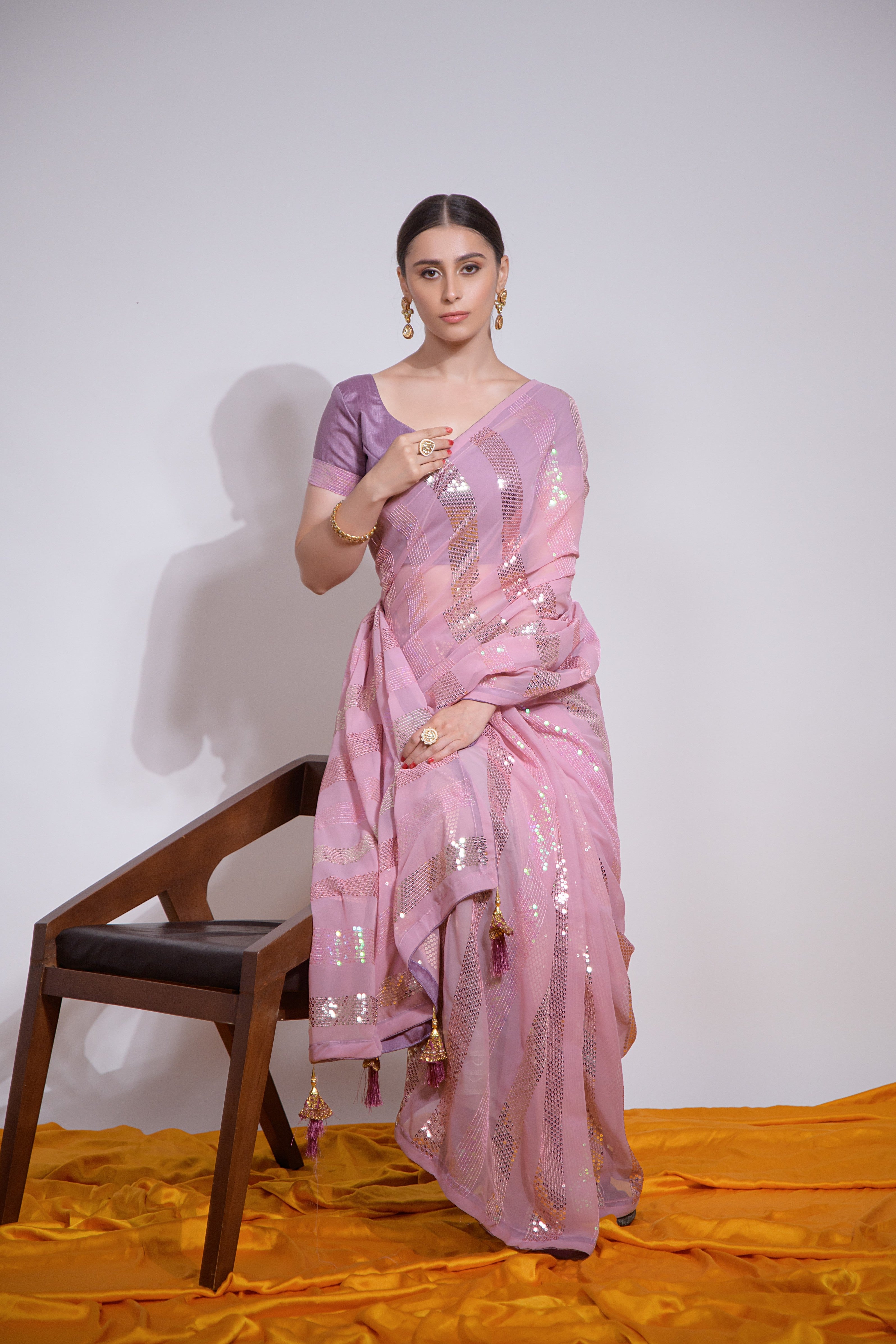 Beautiful Georgette Sequence Patta Pink Solid Saree For Women