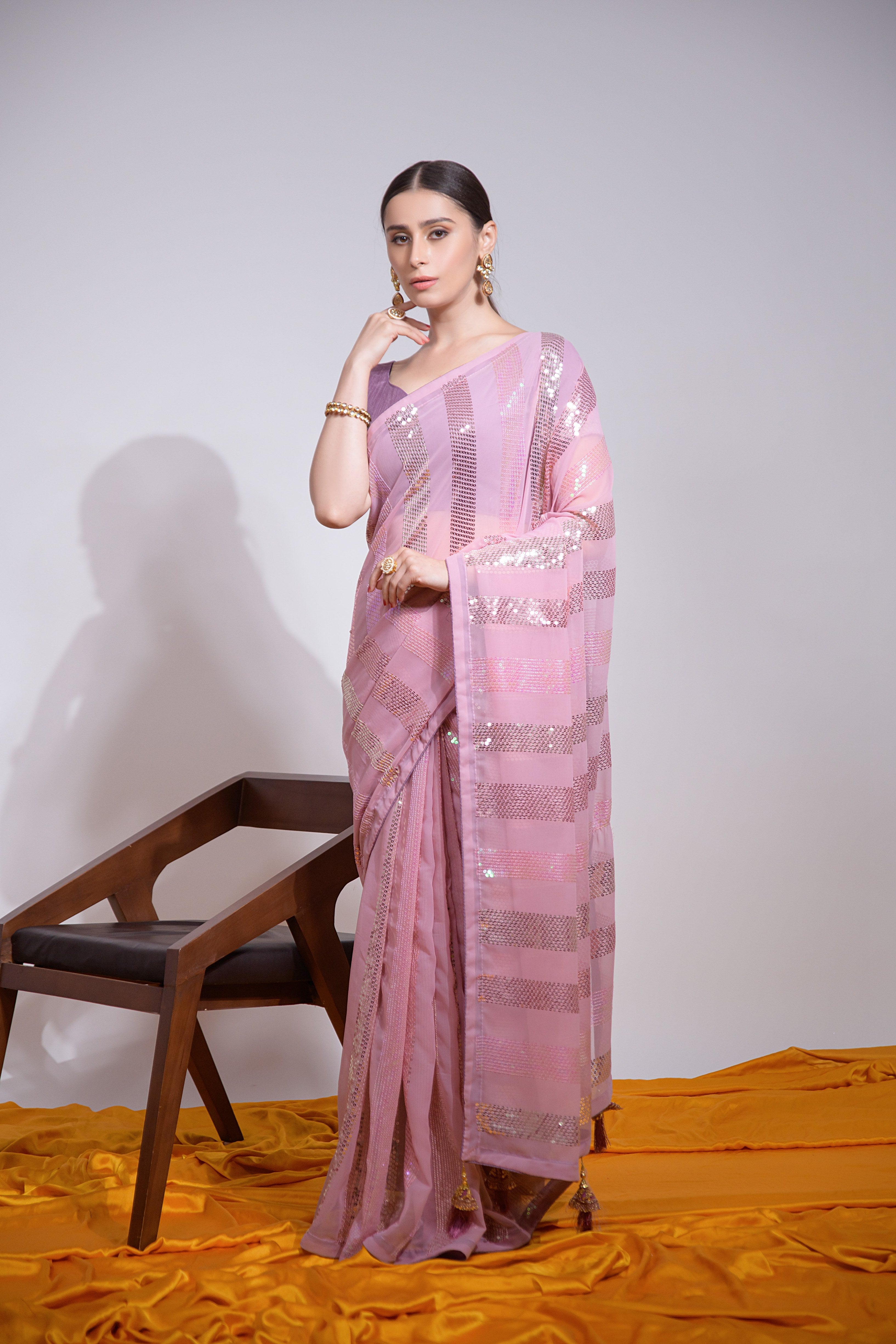 Beautiful Georgette Sequence Patta Pink Solid Saree For Women