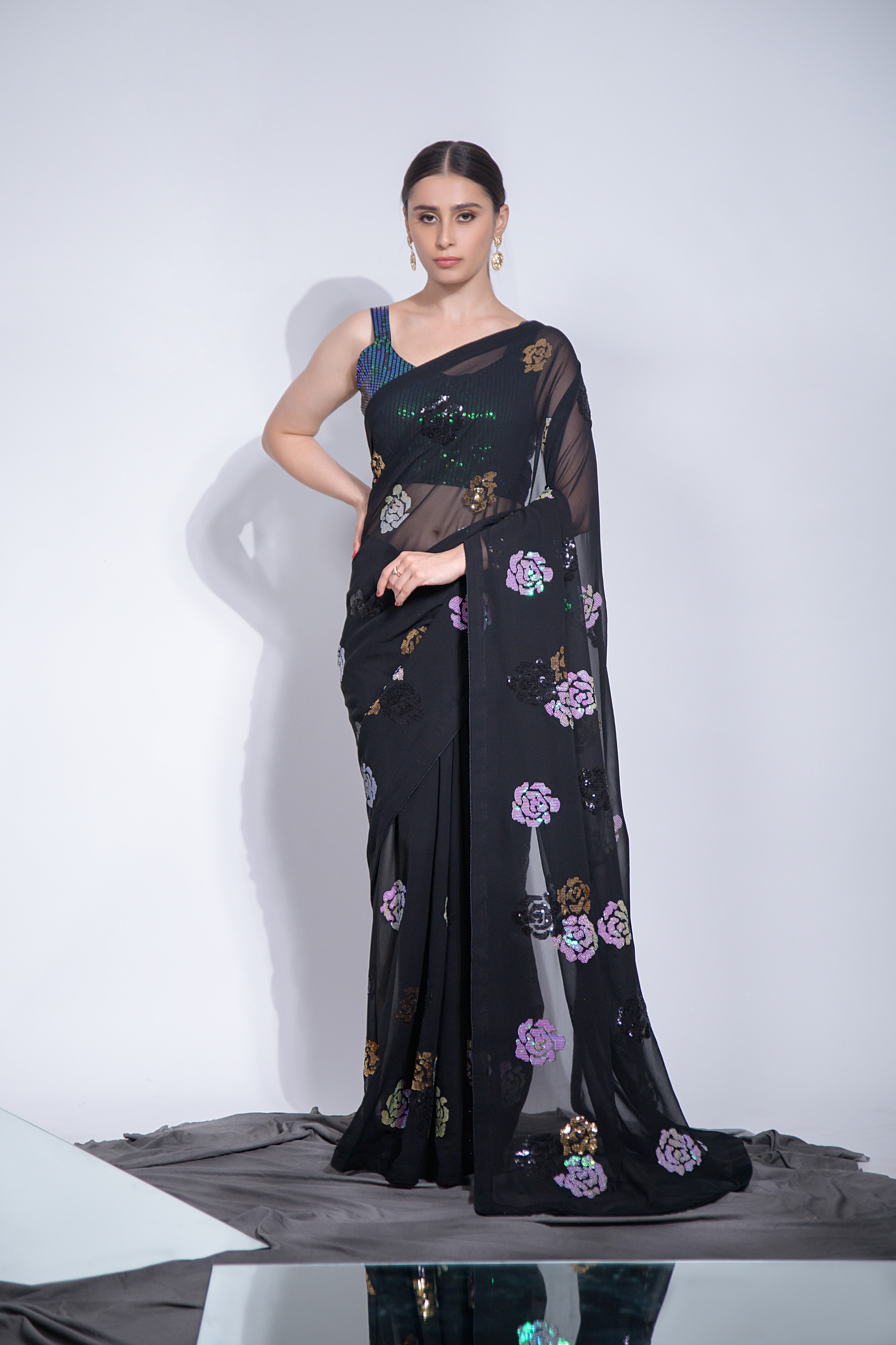 Beautiful Black multi Color 4 type sequin flower work with back patch piping border Saree For Women