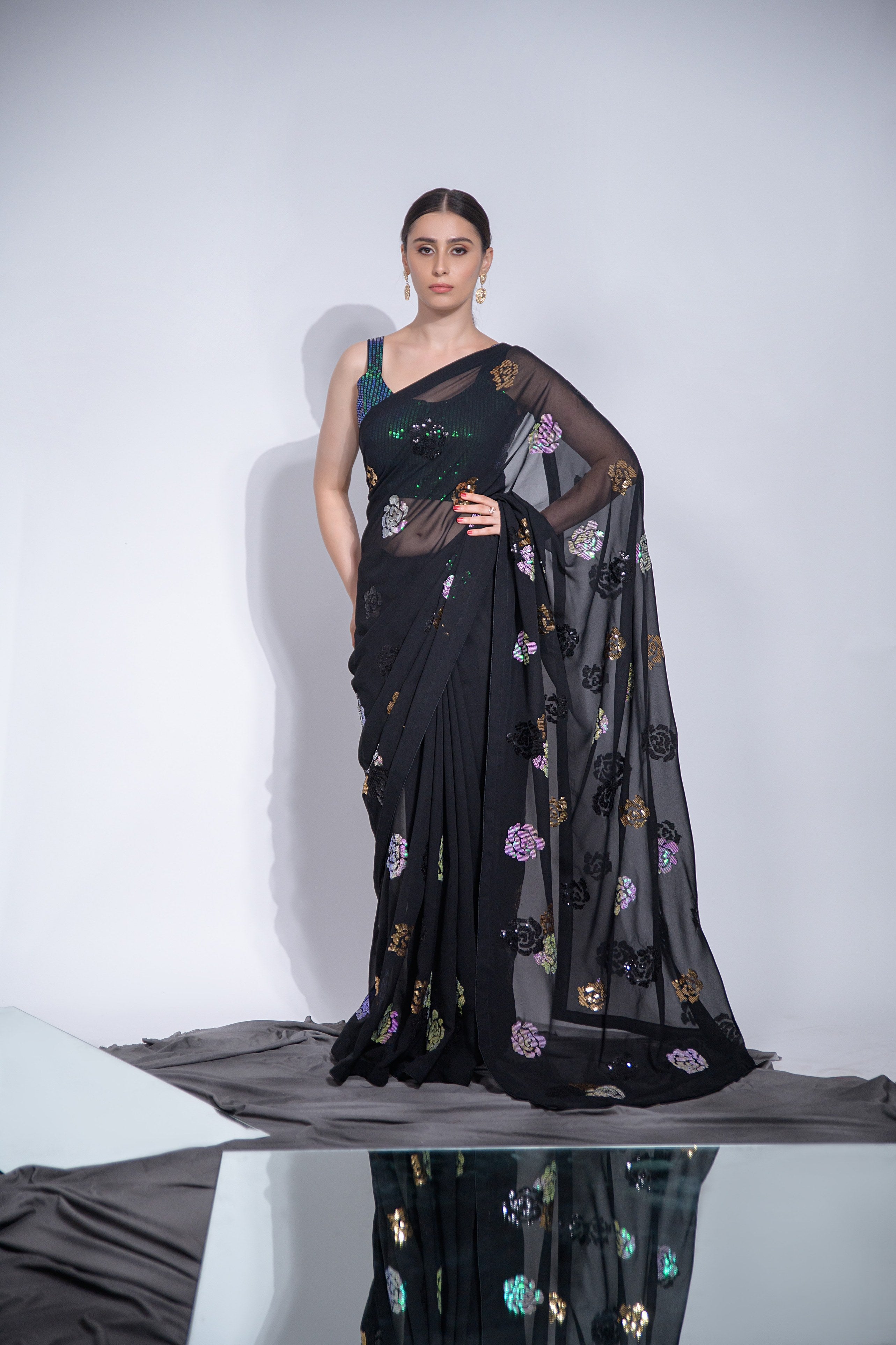 Beautiful Black multi Color 4 type sequin flower work with back patch piping border Saree For Women