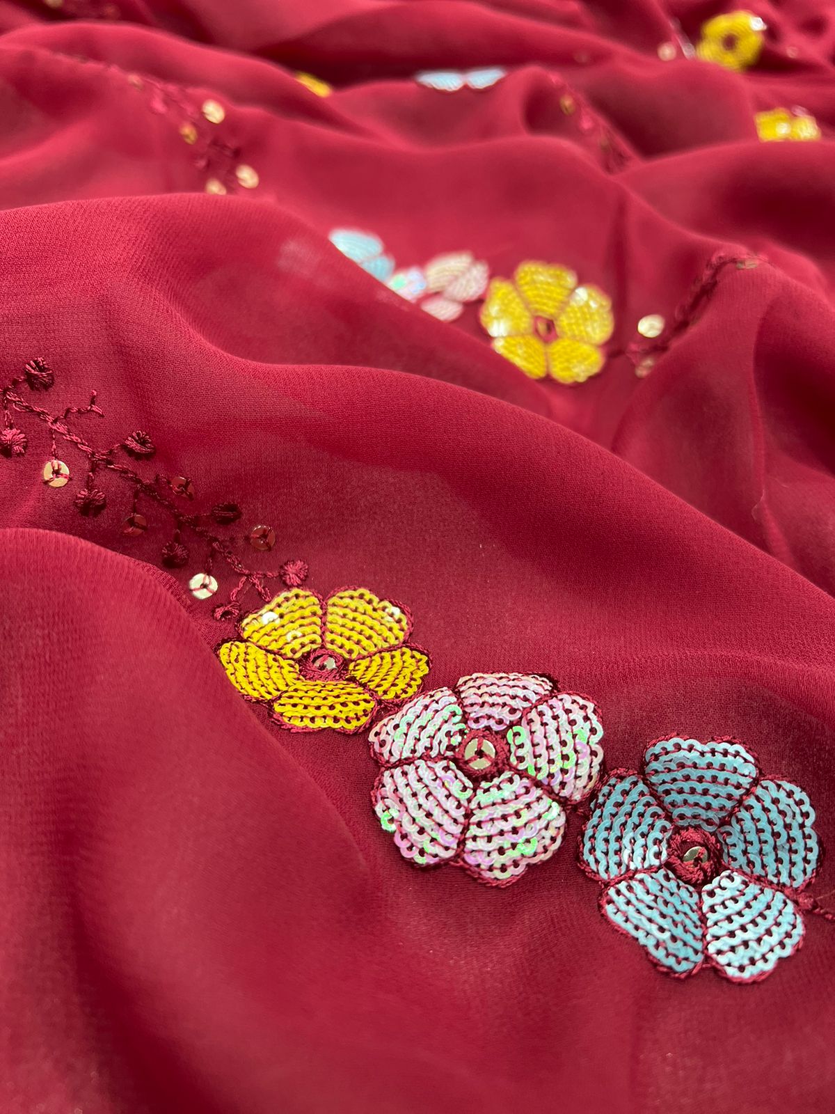 Beautiful Maroon Multi Colour 4 type sequin Flower Gotta work with back patch piping border Saree For Women