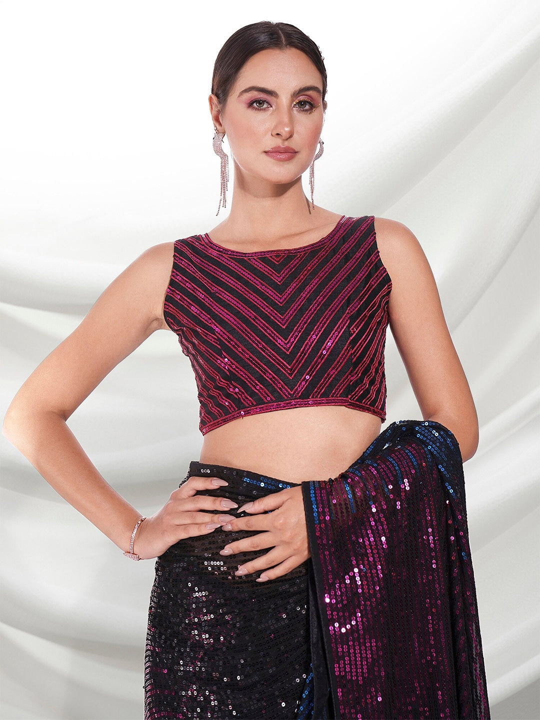 Beautiful Black & Pink Sequence embroidery work in double run thread With backpach and piping Saree For Women