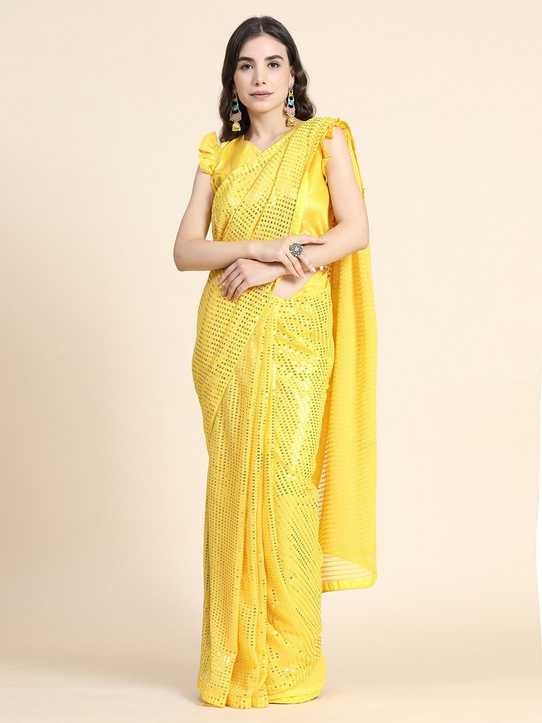 Georgette Sequence Yellow Solid Saree For Women