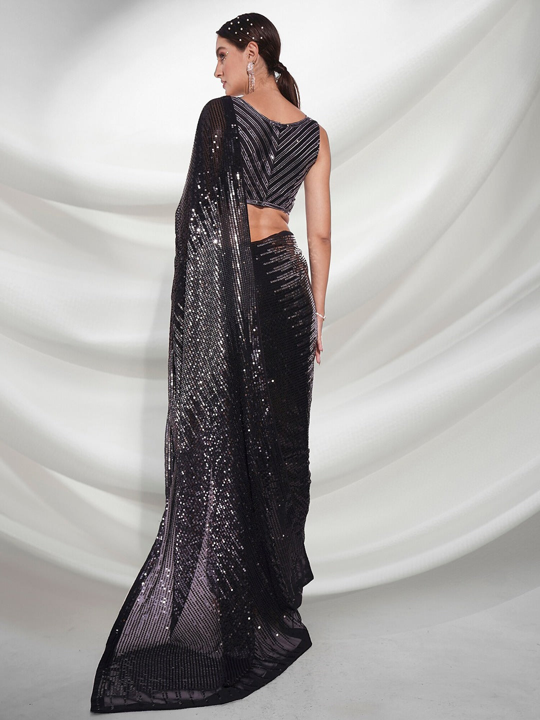 Beautiful Black Sequence embroidery work in double run thread With backpach and piping Saree For Women