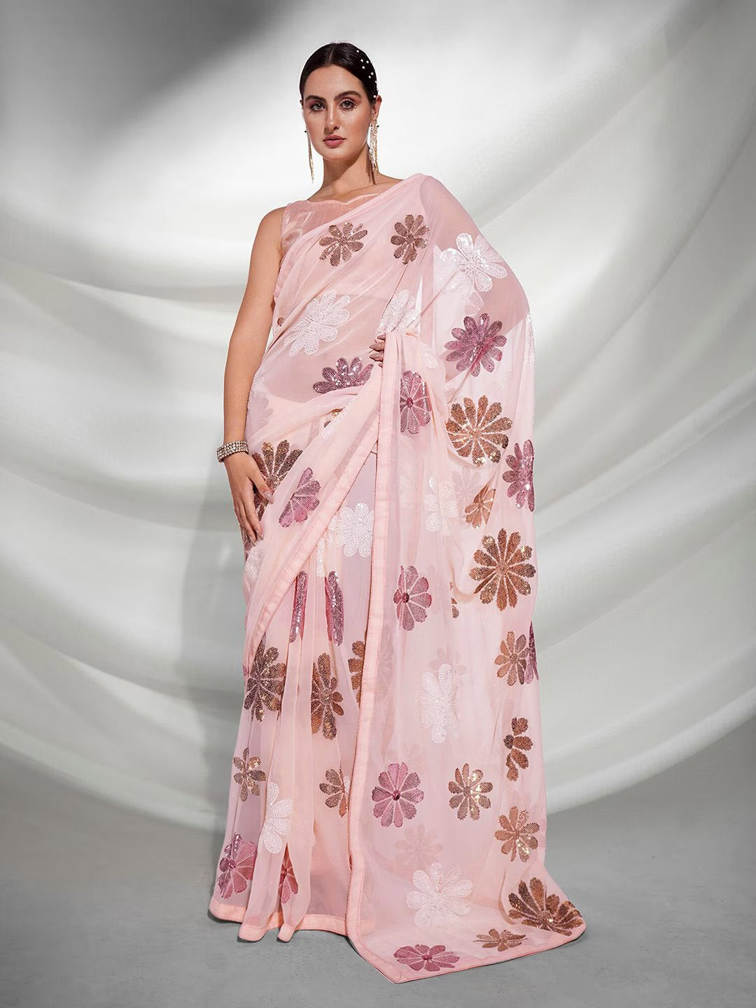 Beautiful Peach Flower Pattern Sequin Work And Embroidery Work With Back Patch Piping Saree For Women