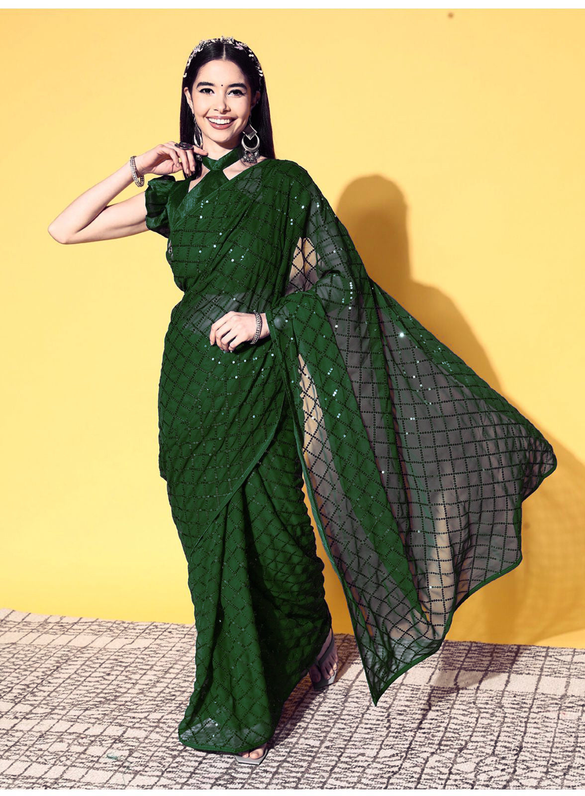 Green beautiful diamond chokdi seqwance saree For Women