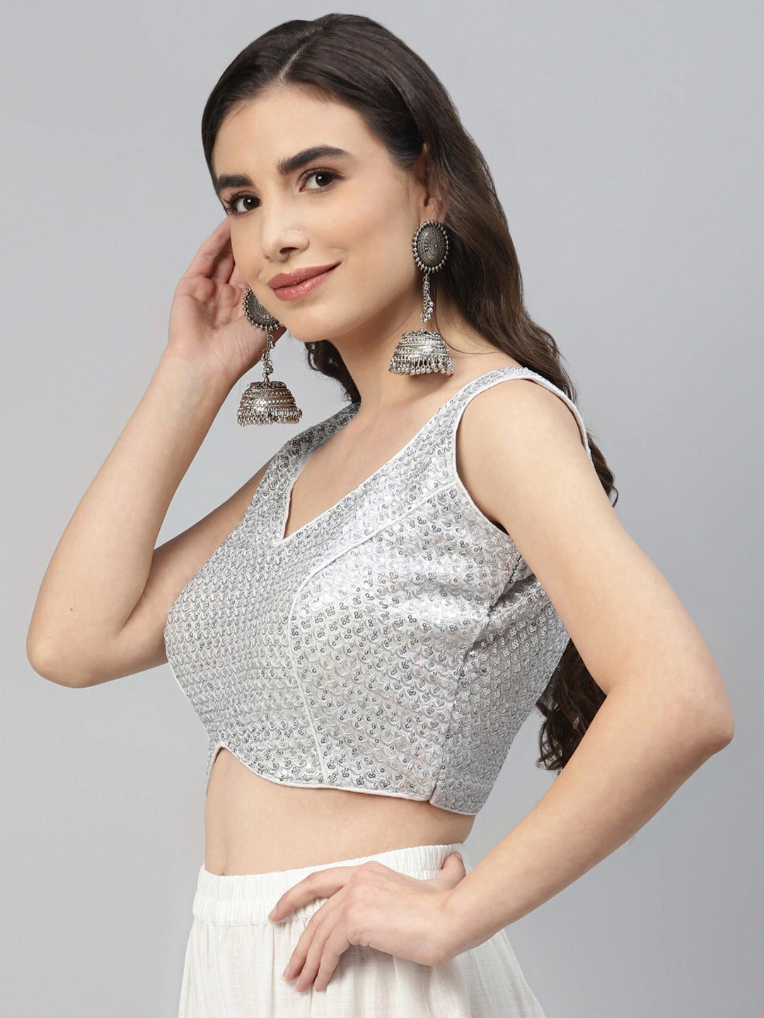 Women White Sequined Padded Saree Blouse