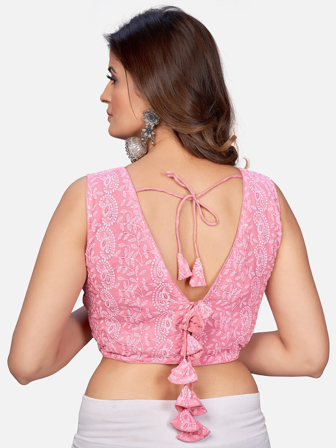 Pink Embroidered Georgette Chikankari Saree Blouse For Women