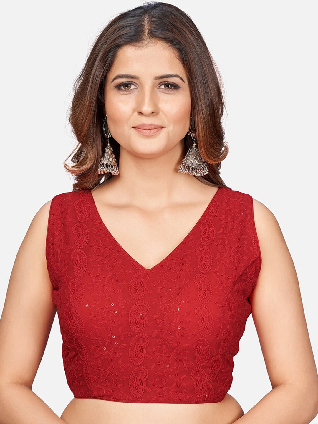Red Embroidered Chikankari Saree Blouse For Women