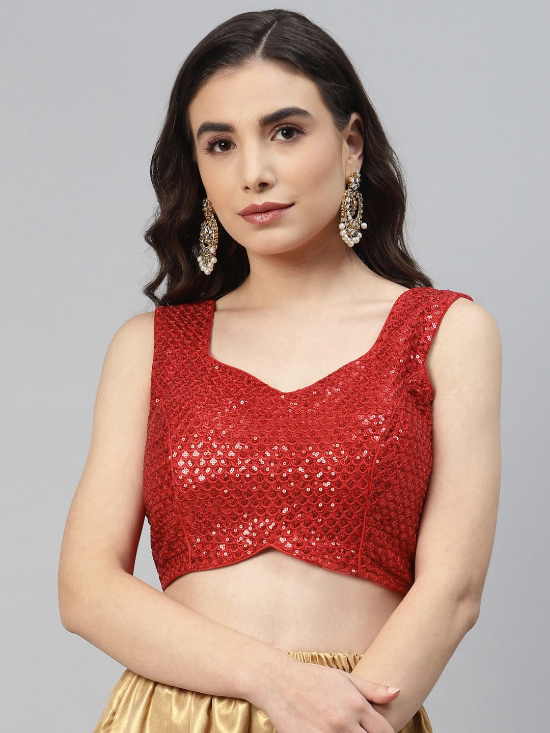 Women Red Sequined Georgette Padded Saree Blouse