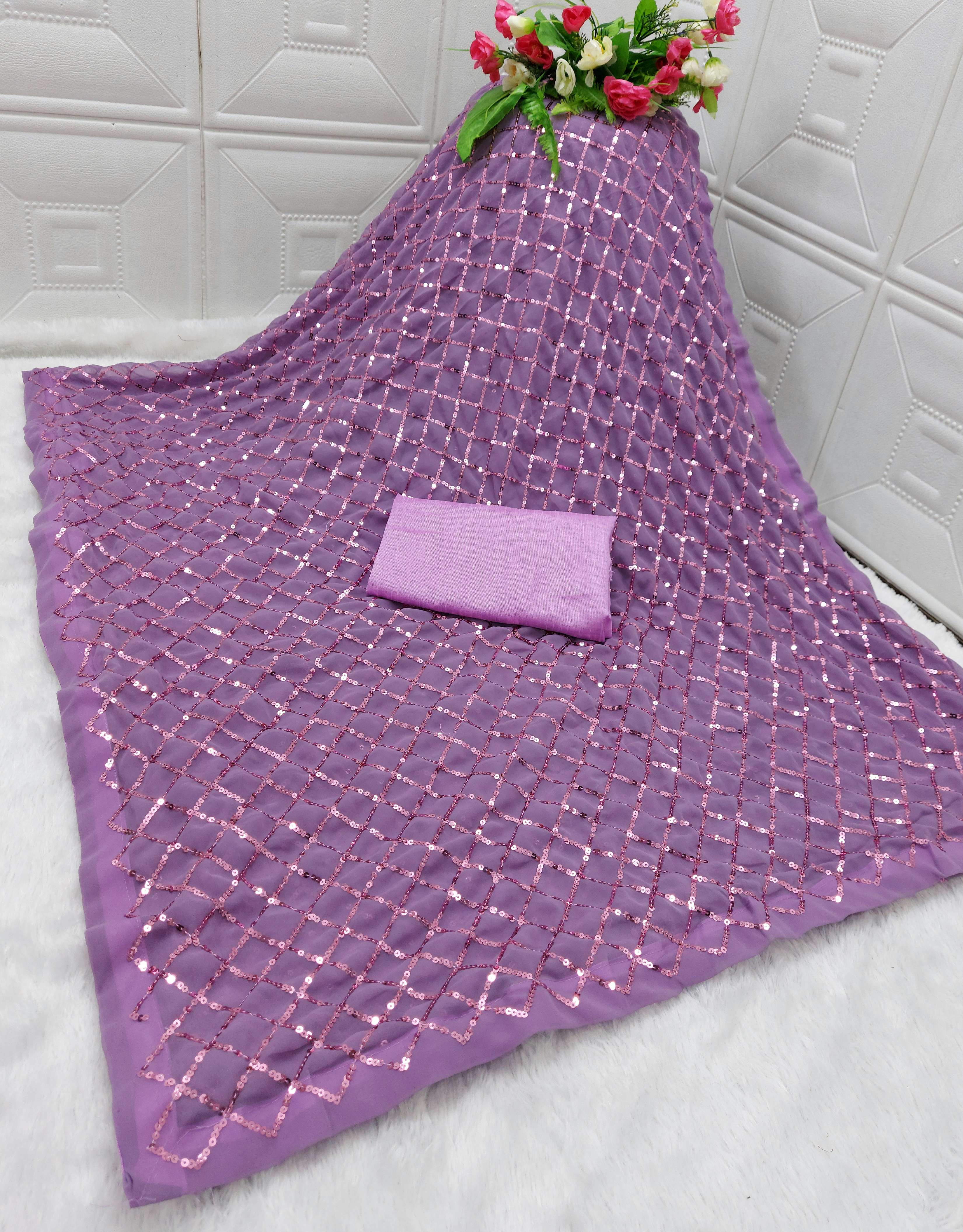 Purple beautiful diamond chokdi seqwance saree For Women