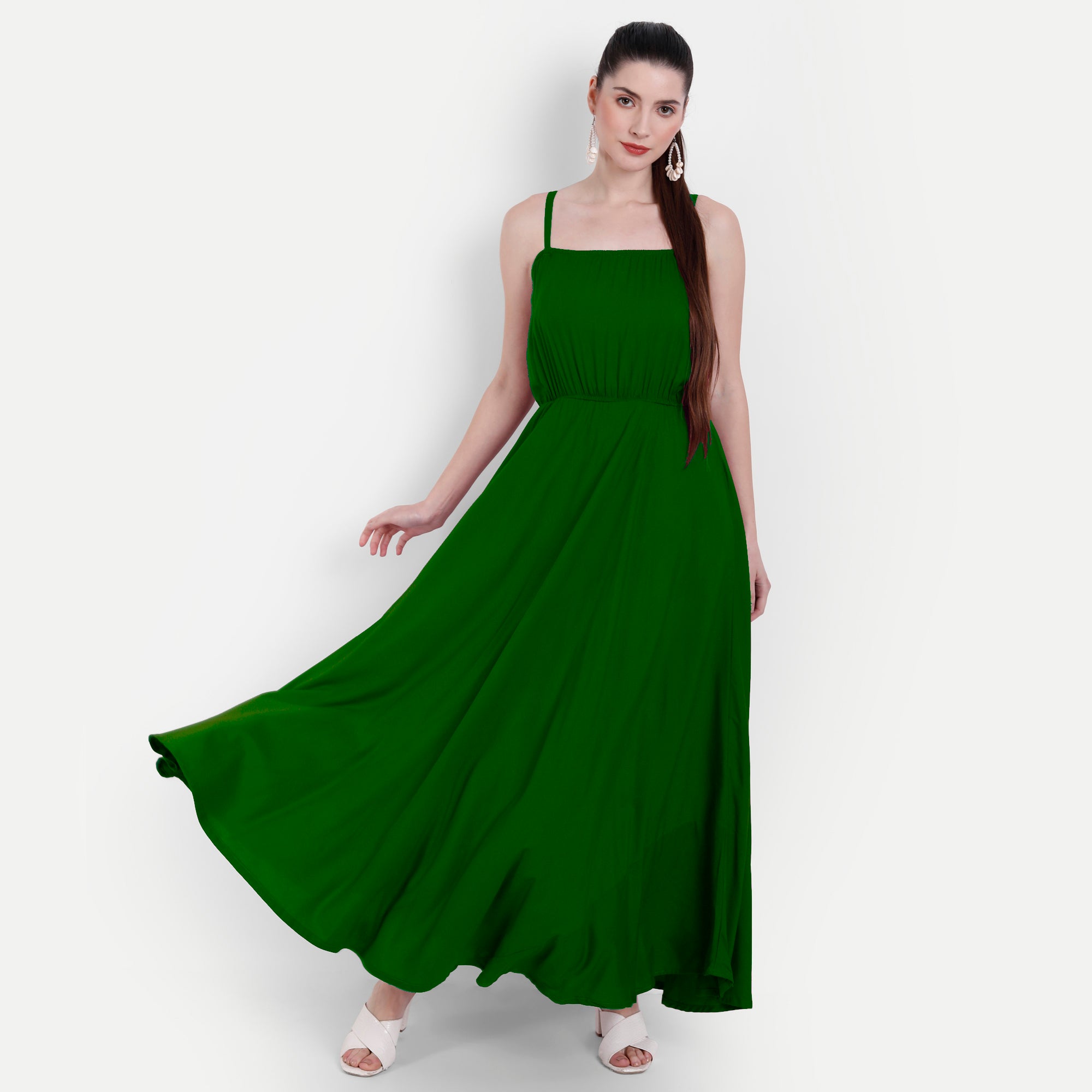 Women Green Fit and Flare Shoulder strap Maxi Dress
