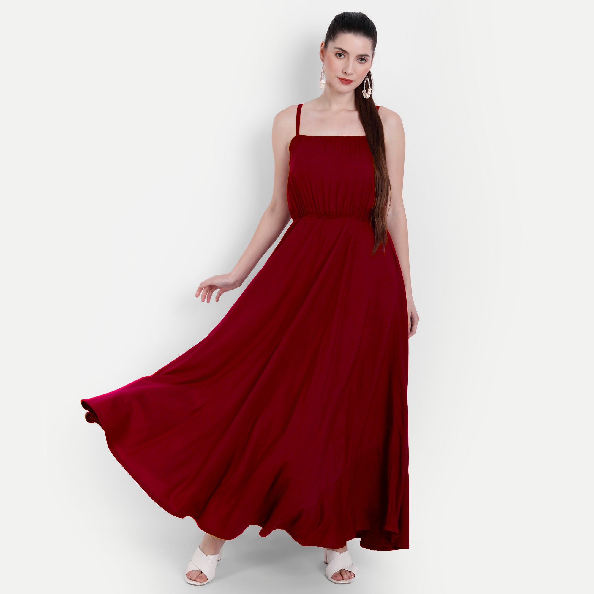 Women Maroon Fit and Flare Shoulder strap Maxi Dress