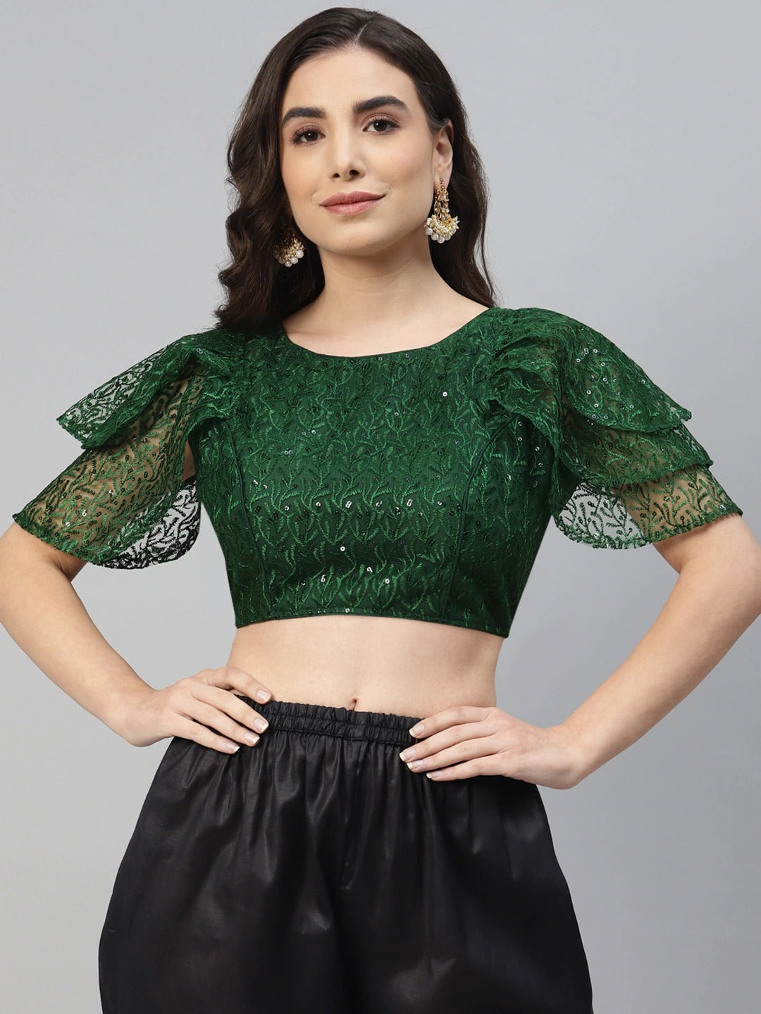 Green Sequinned Net Saree Blouse For Women