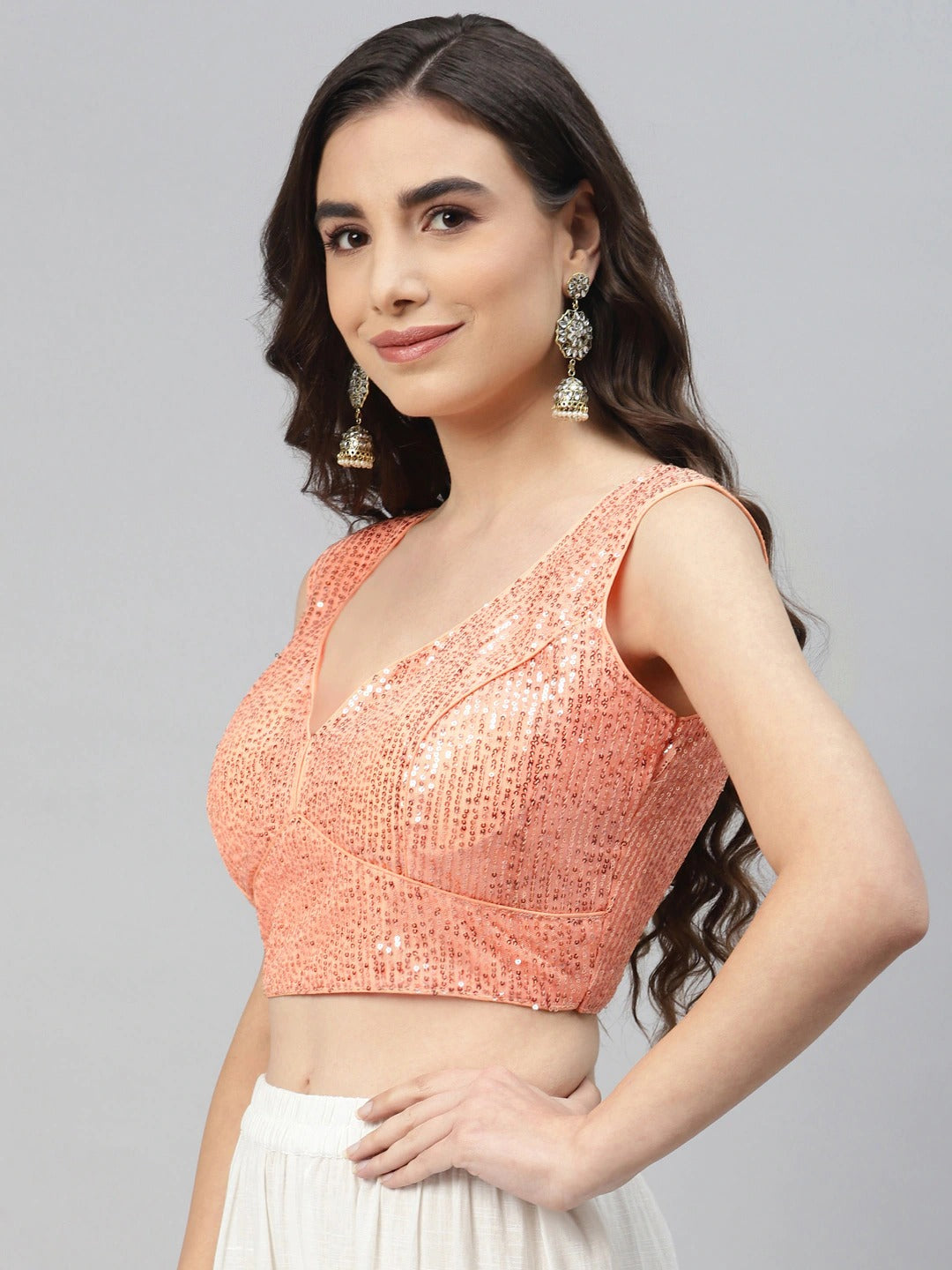 Women Peach-Coloured Sequined Padded Saree Blouse