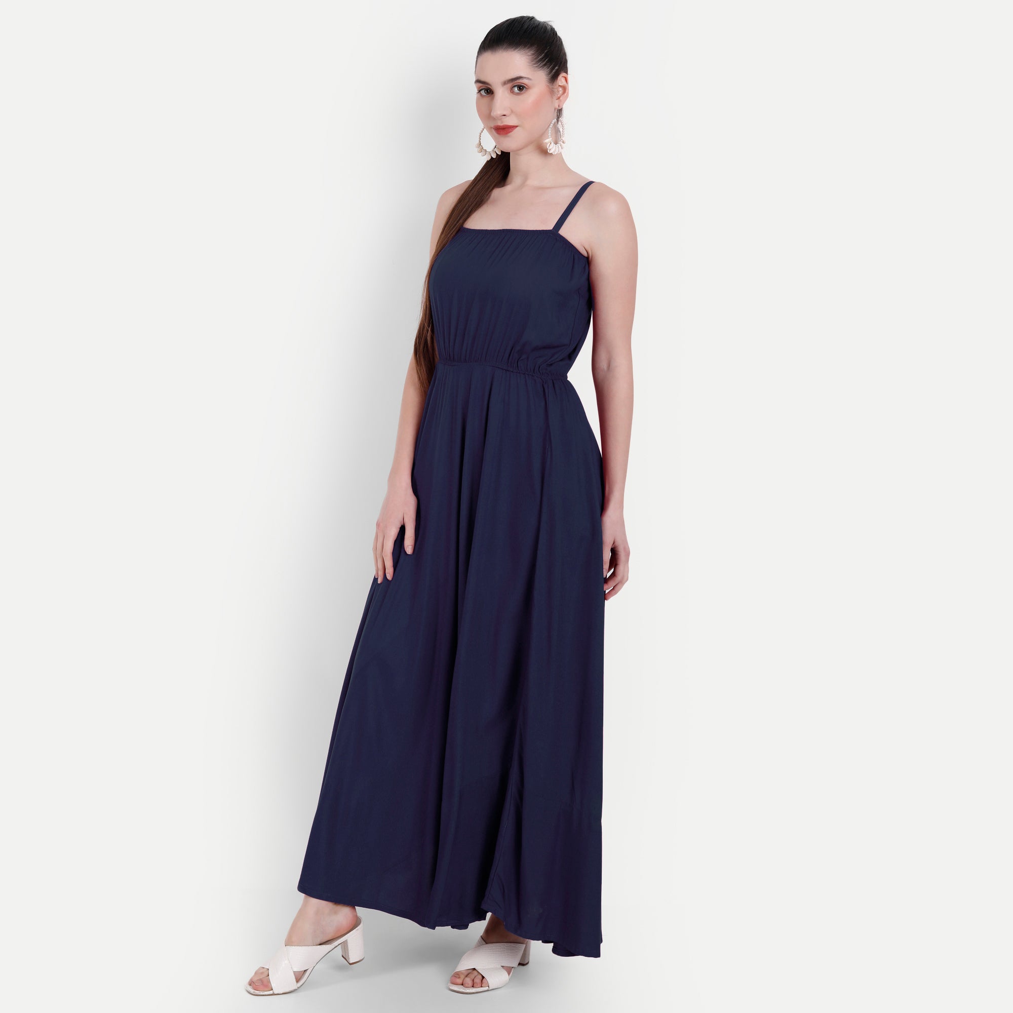Women Navy Blue Fit and Flare Shoulder strap Maxi Dress