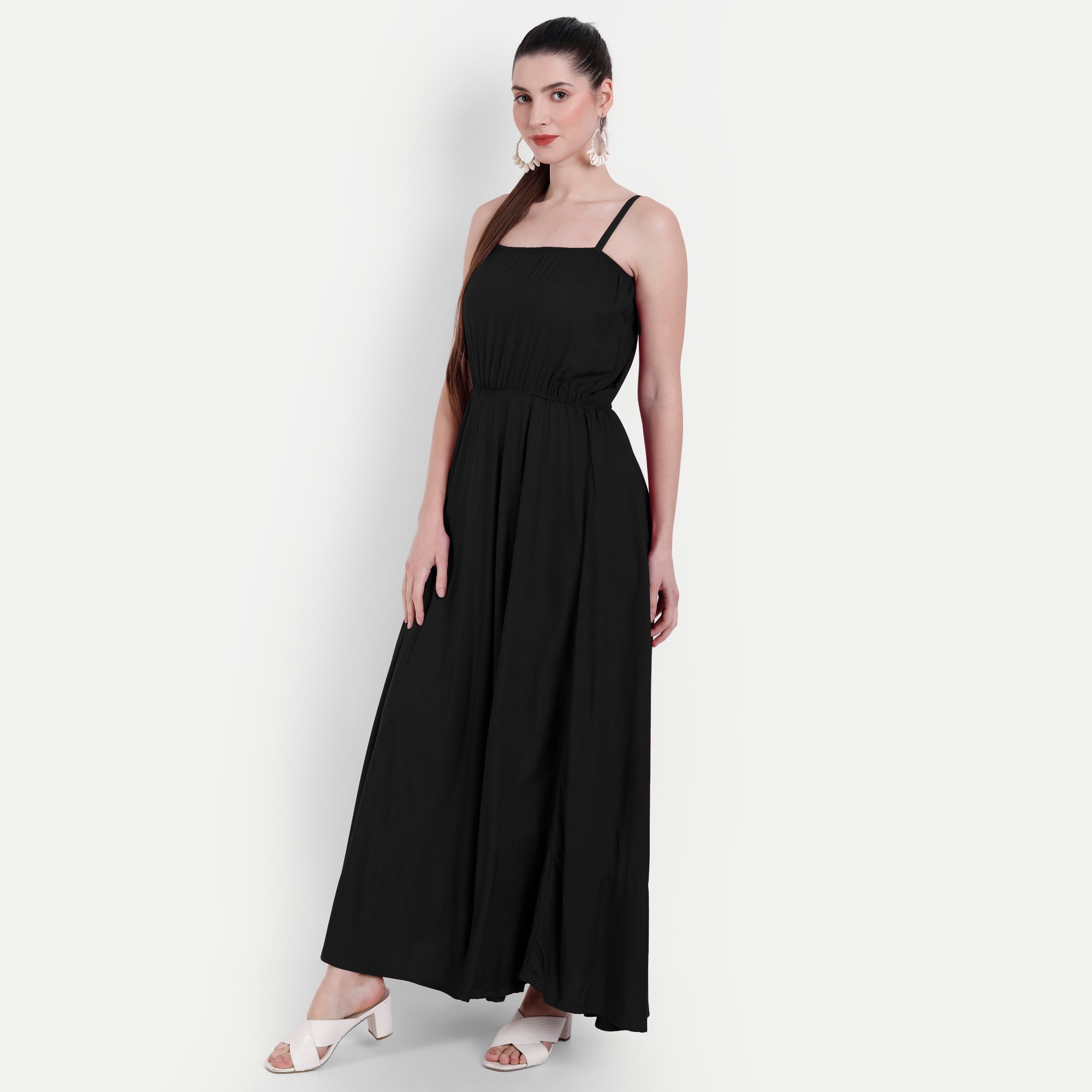 Women Black Fit and Flare Shoulder strap Maxi Dress