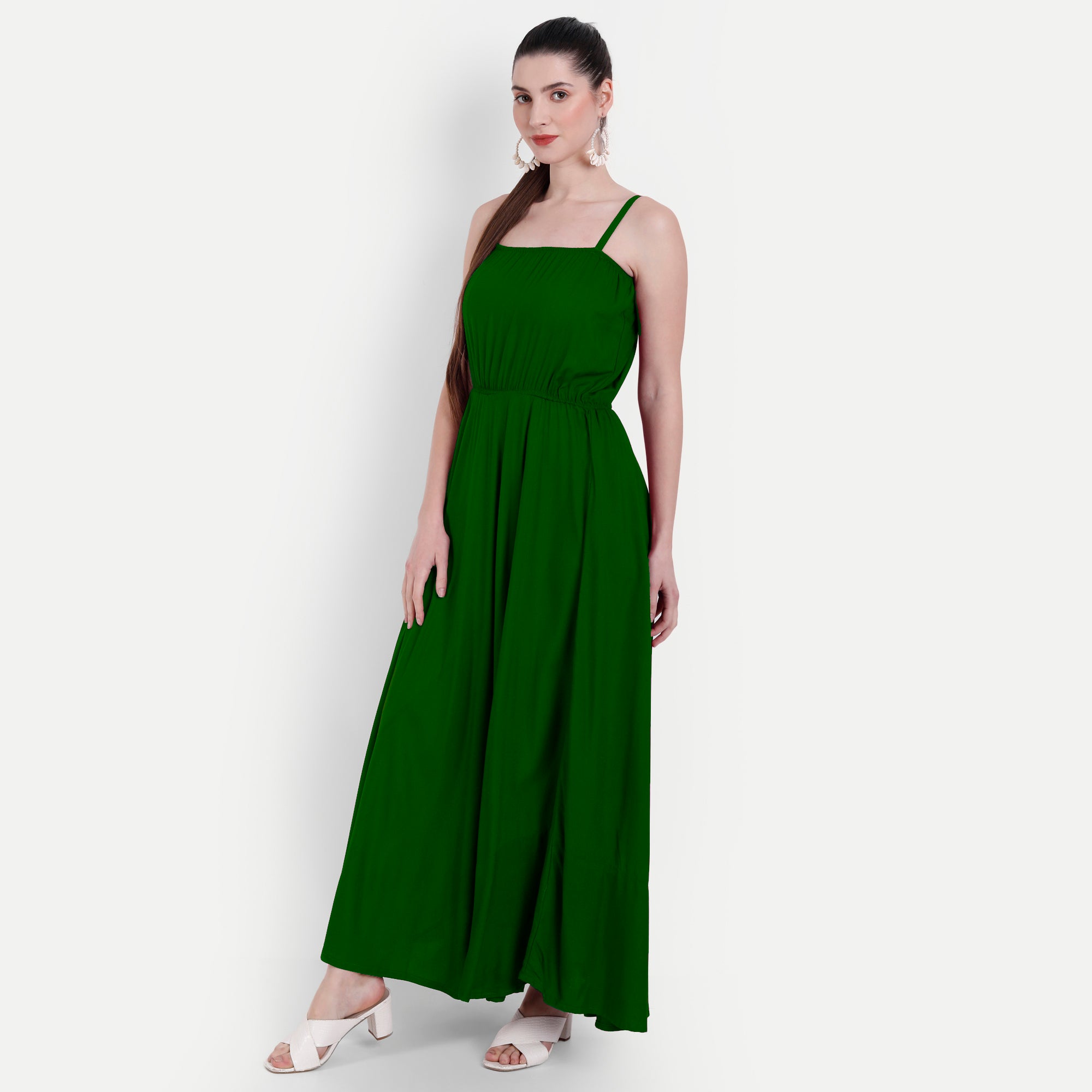 Women Green Fit and Flare Shoulder strap Maxi Dress