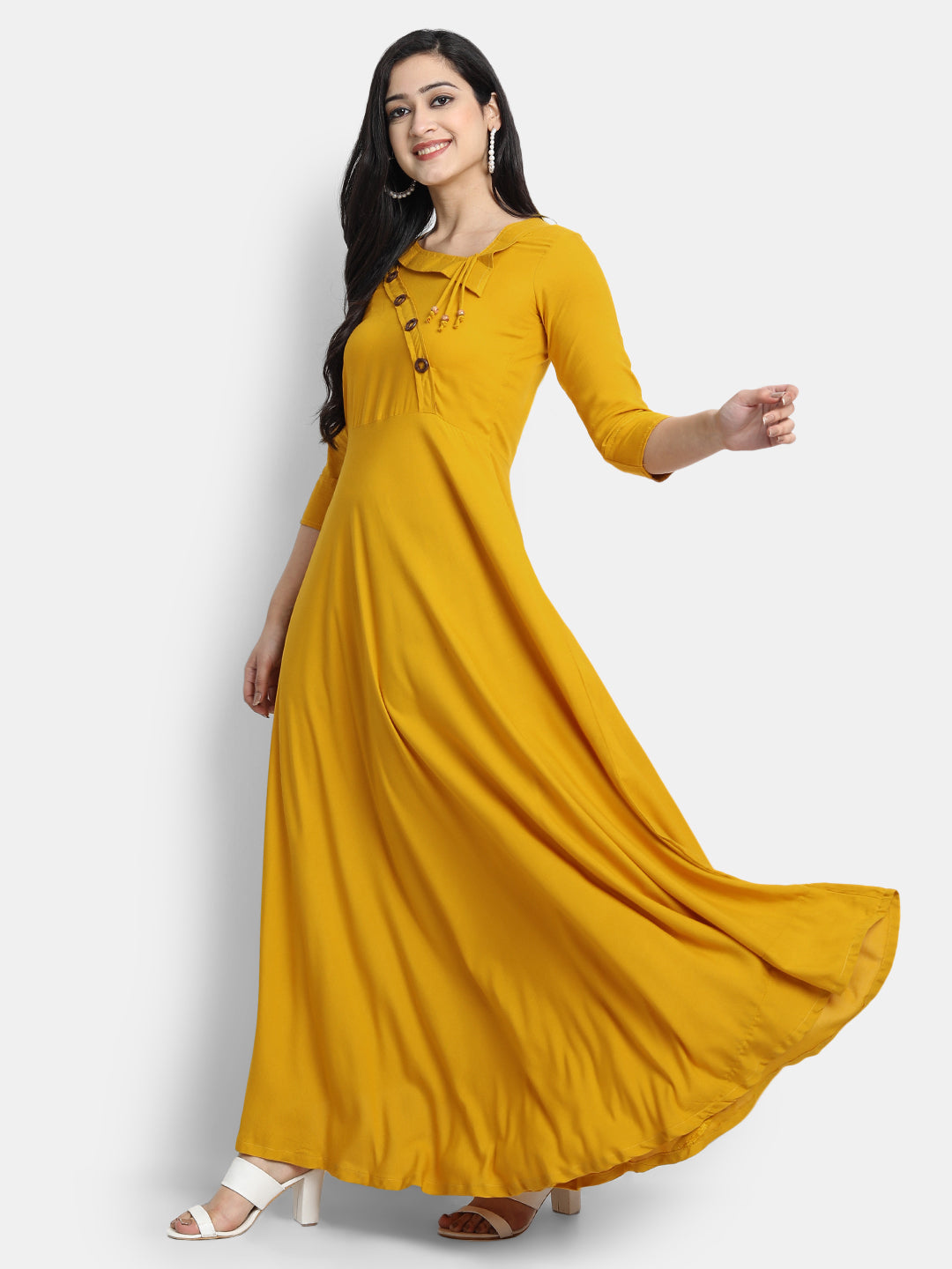 Women Mustard Solid anrkali Maxi Dress