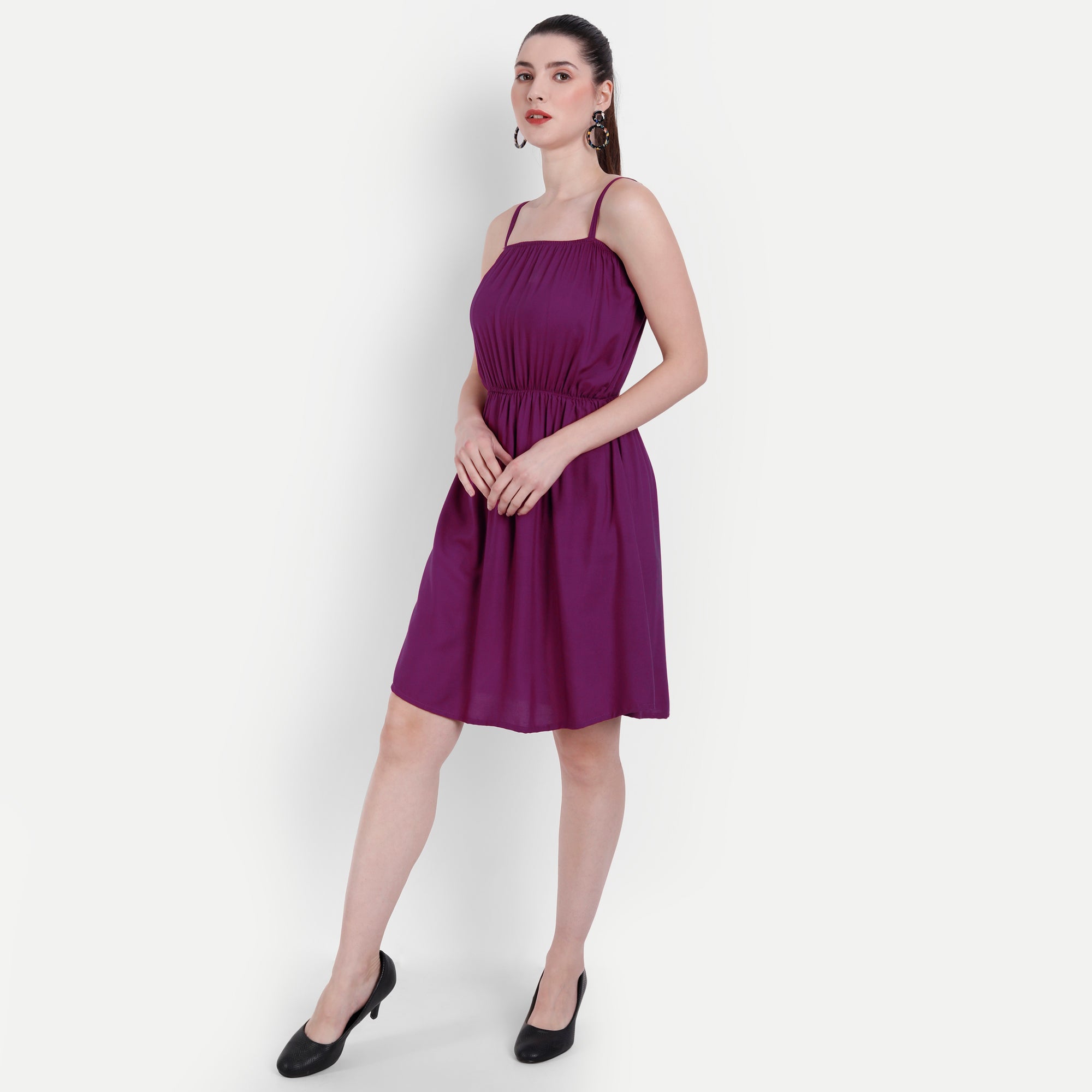 Women Burgundy Solid Fit & Flare Dress