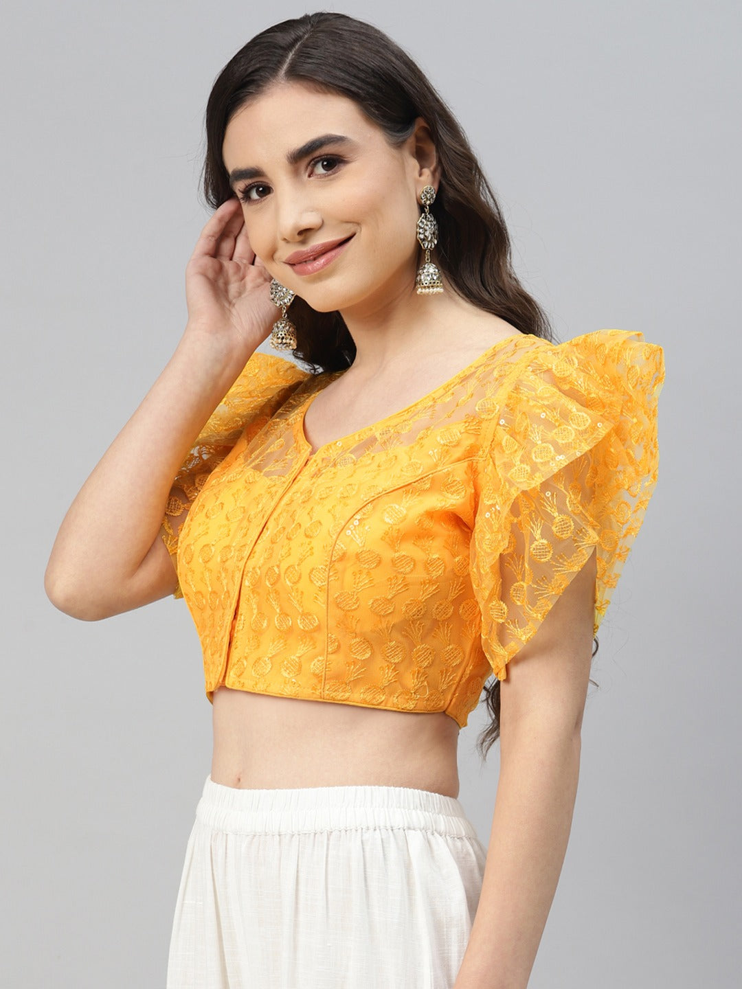 Women Yellow Sequined & Embroidered Padded Saree Blouse