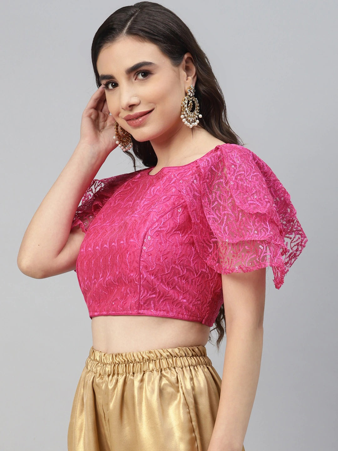 Women Pink Sequined Padded Saree Blouse