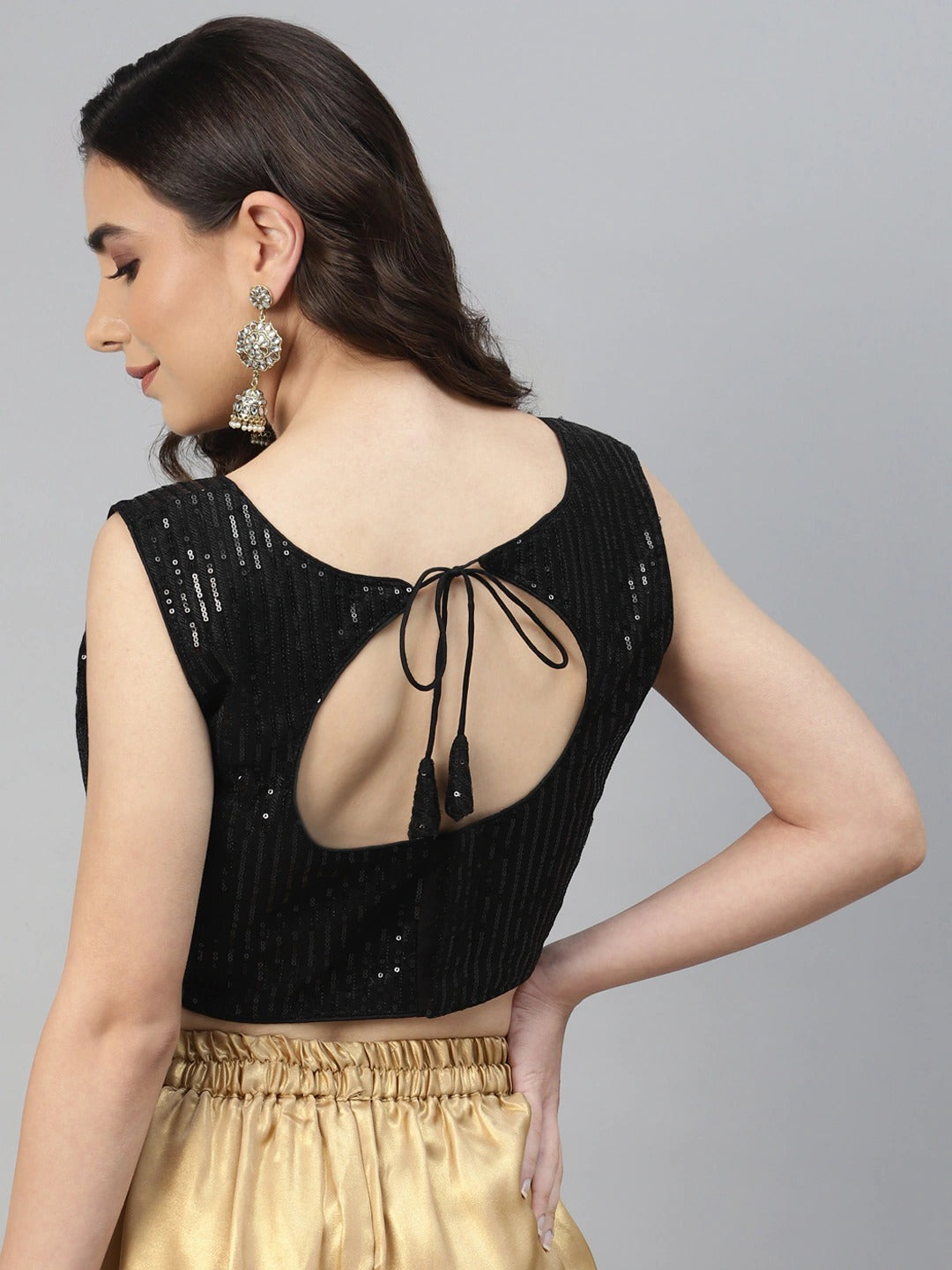 Women Black Sequined Georgette Padded Saree Blouse