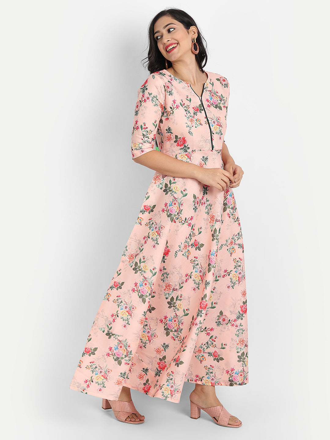 Women Pink Floral Cotton Anarkai Maxi Dress