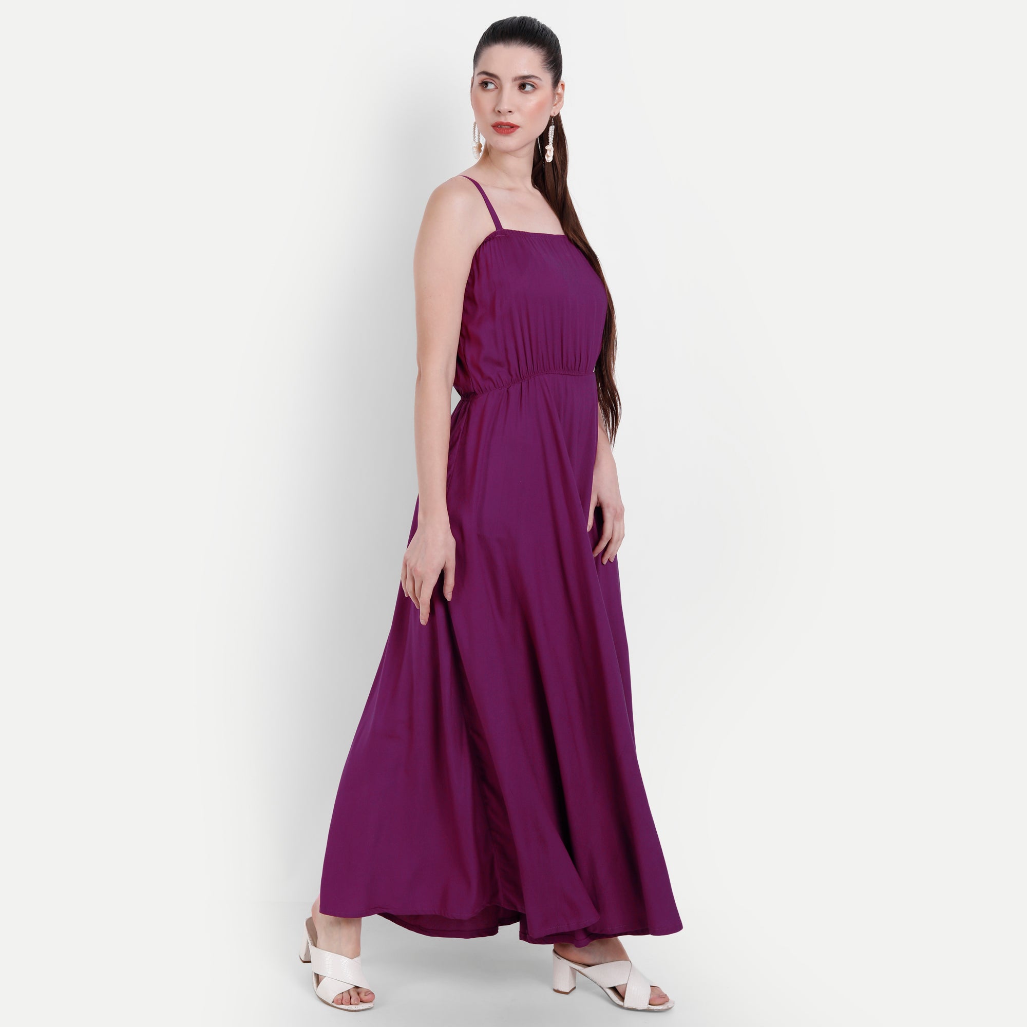 Women Burgundy Fit and Flare Shoulder strap Maxi Dress
