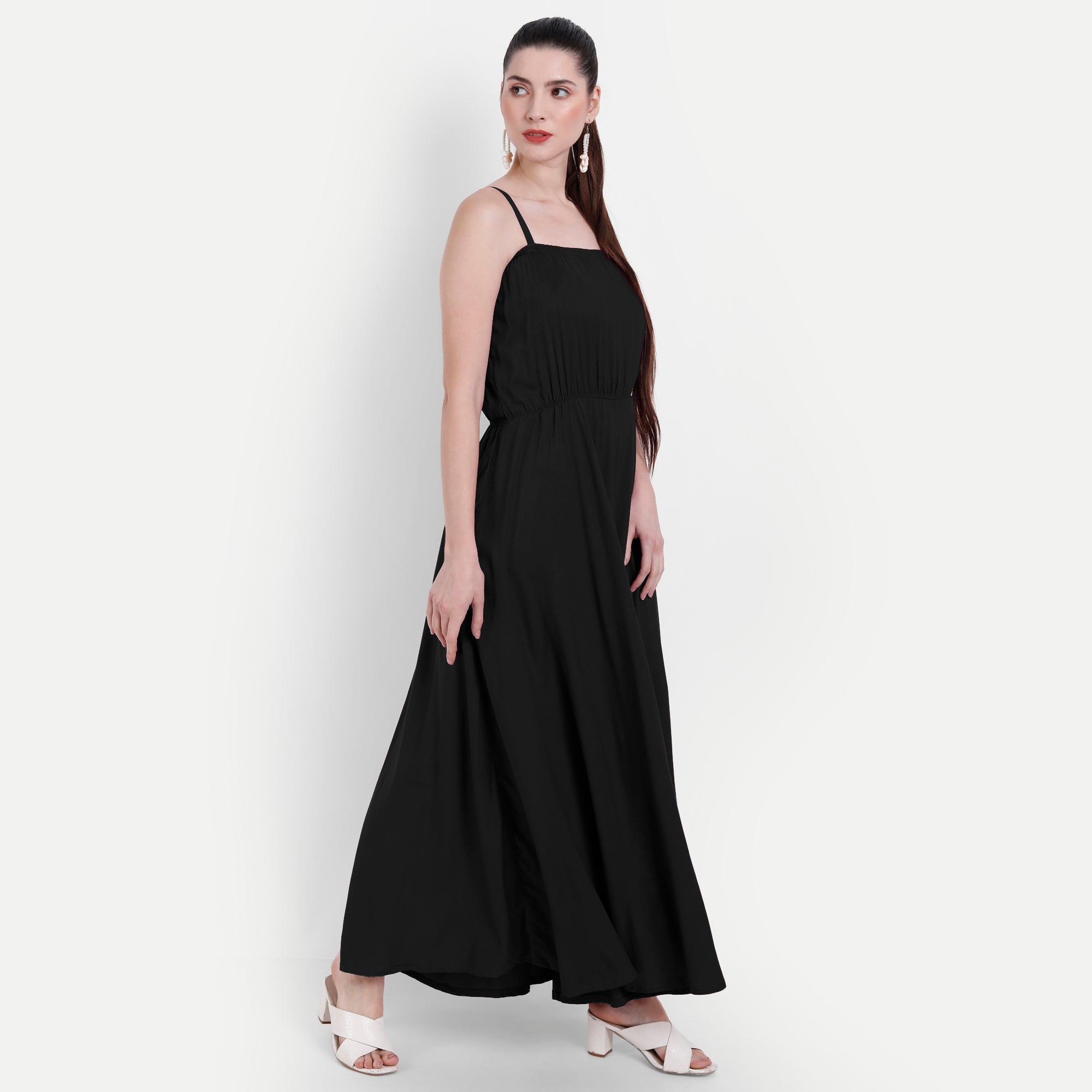 Women Black Fit and Flare Shoulder strap Maxi Dress