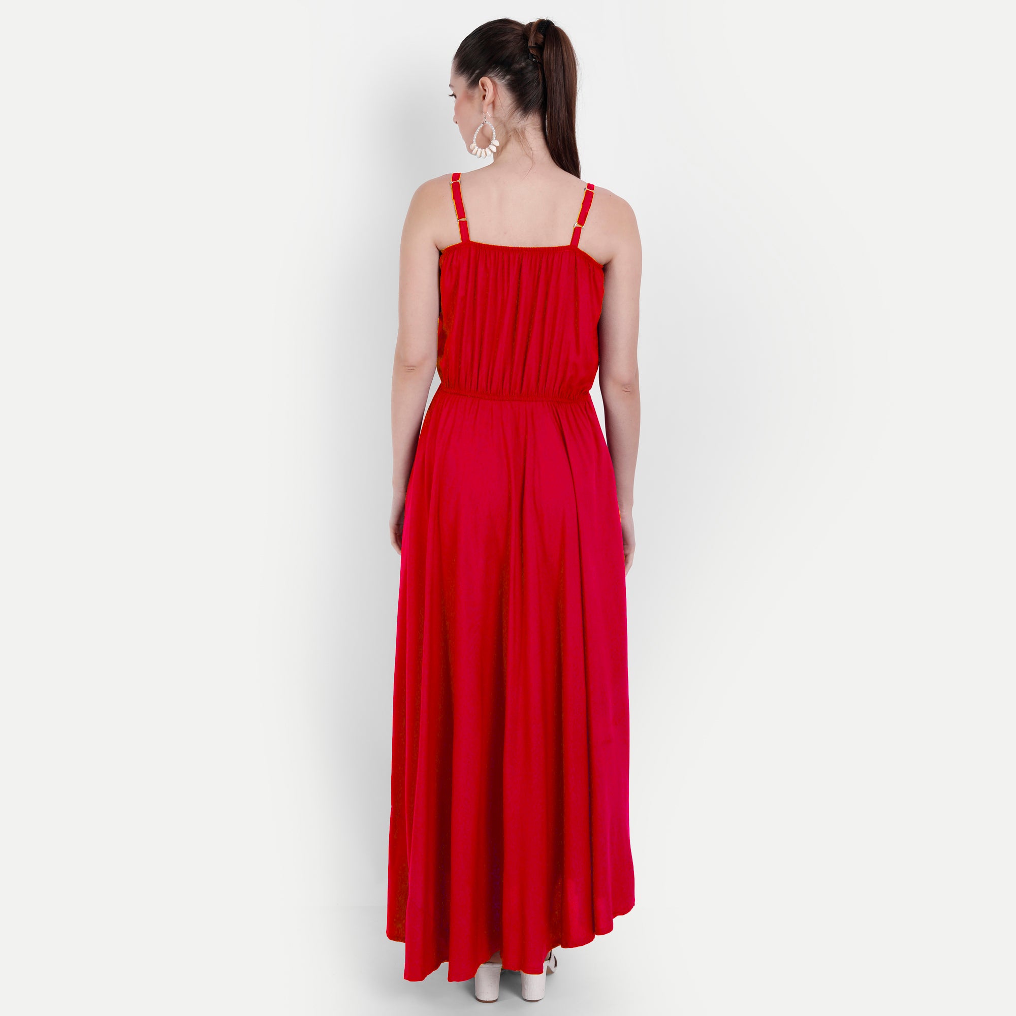 Women Red Fit and Flare Shoulder strap Maxi Dress
