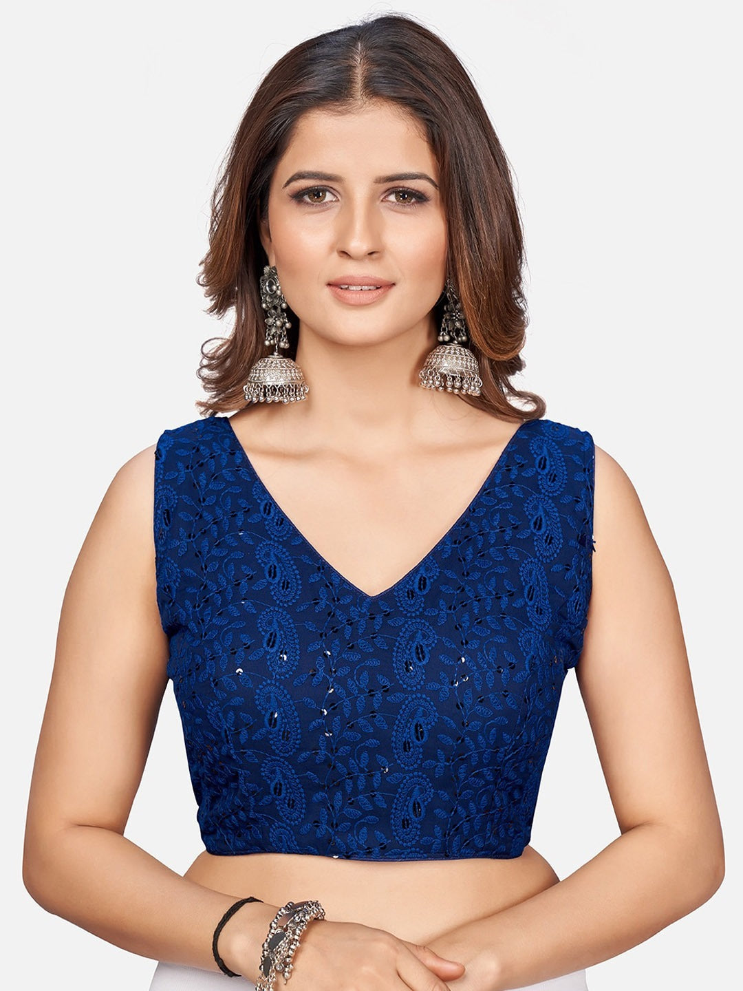 Blue Embroidered Chikankari Saree Blouse For Women
