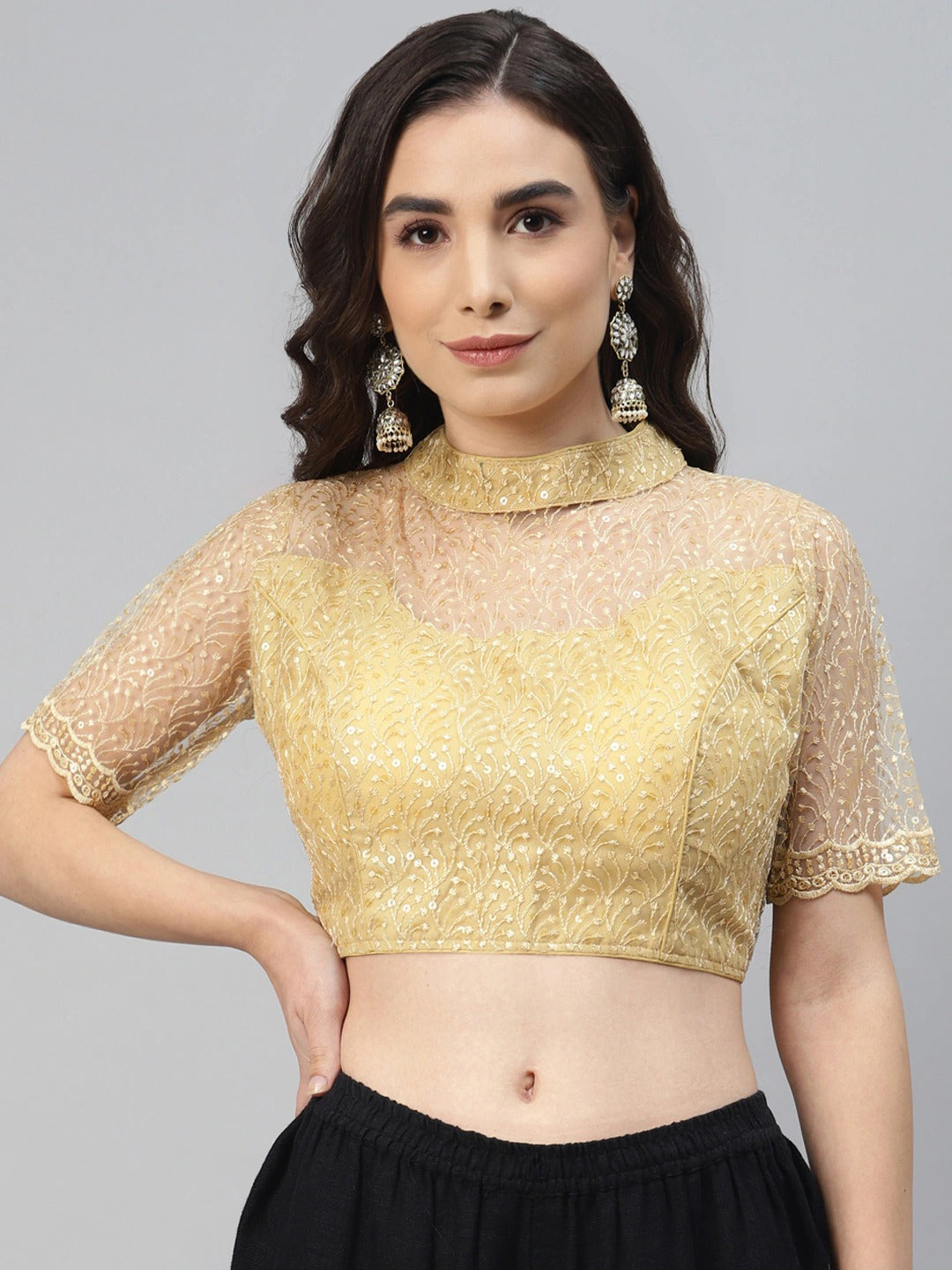 Golden Sequinned Net Saree Blouse For Women