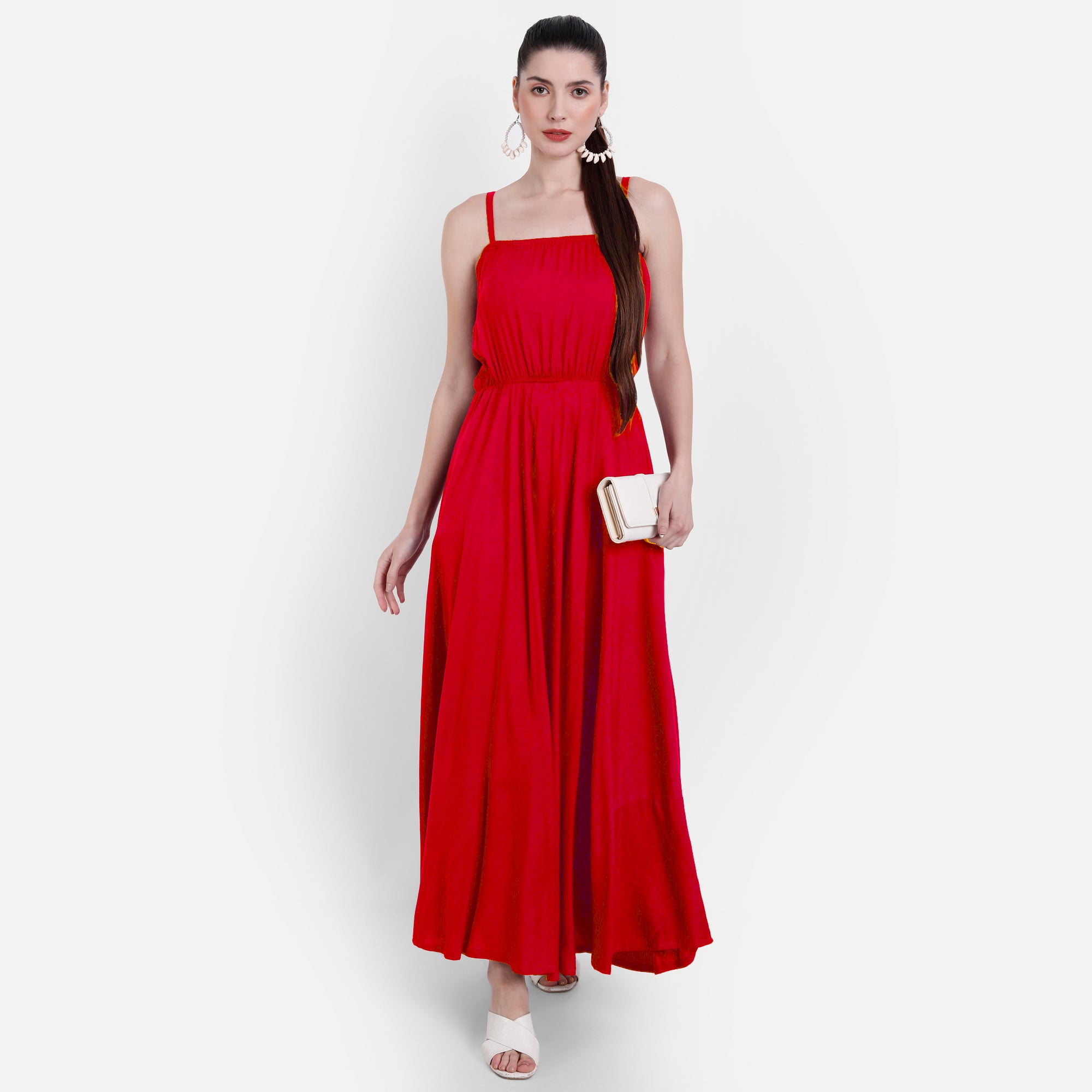 Women Red Fit and Flare Shoulder strap Maxi Dress