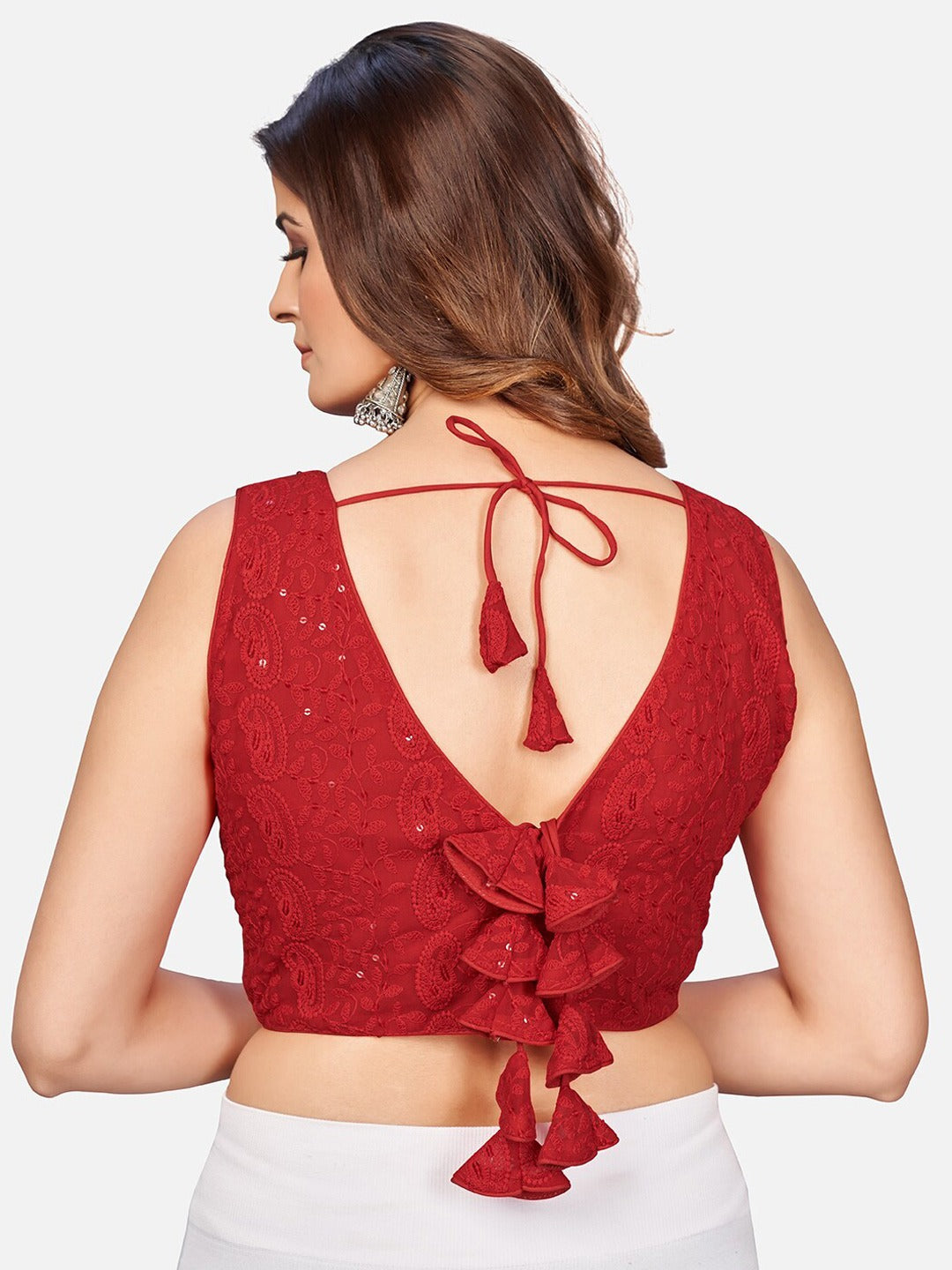 Red Embroidered Chikankari Saree Blouse For Women